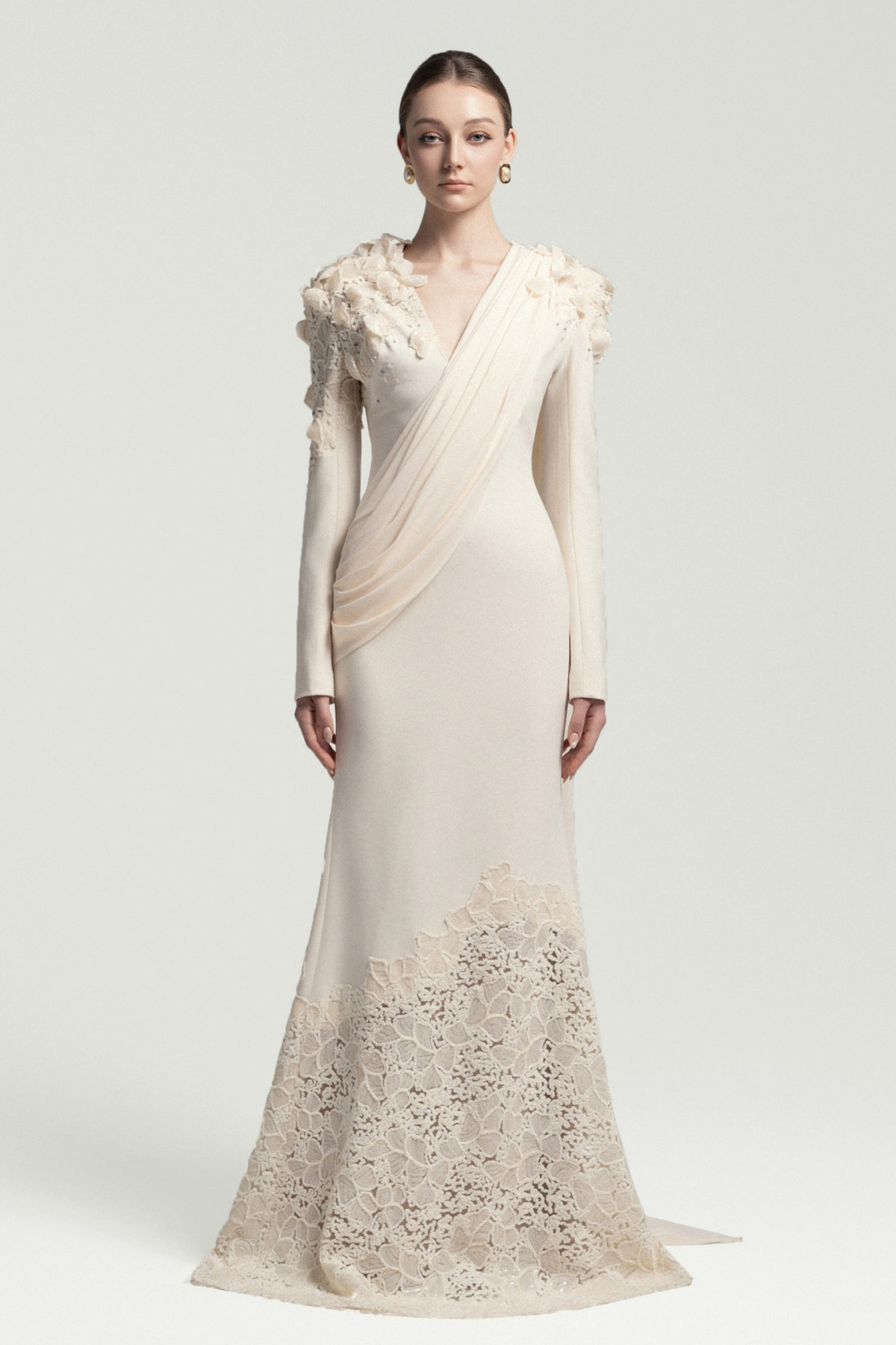 Calanthe Champagne Floral Lace Maxi Dress with Ribbon Detail