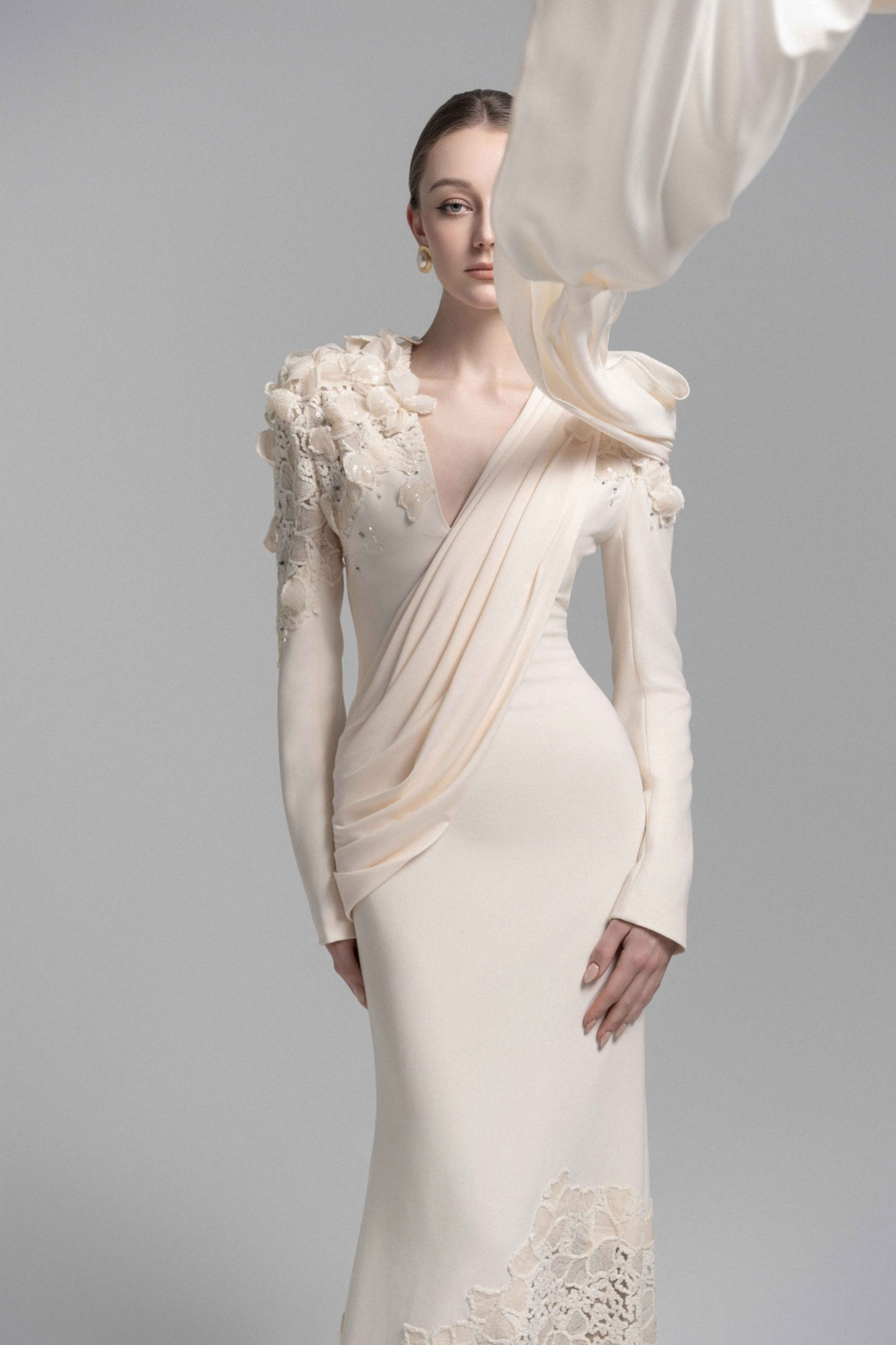 Calanthe Champagne Floral Lace Maxi Dress with Ribbon Detail