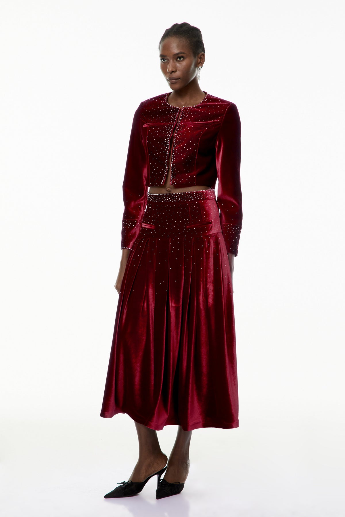 Candela Red Velvet Rhinestone Embellished Jacket & Skirt Set (Final Sale)