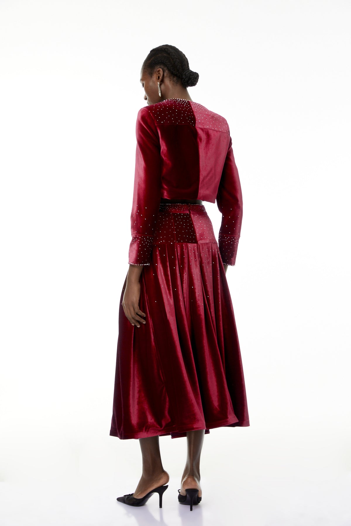 Candela Red Velvet Rhinestone Embellished Jacket & Skirt Set (Final Sale)