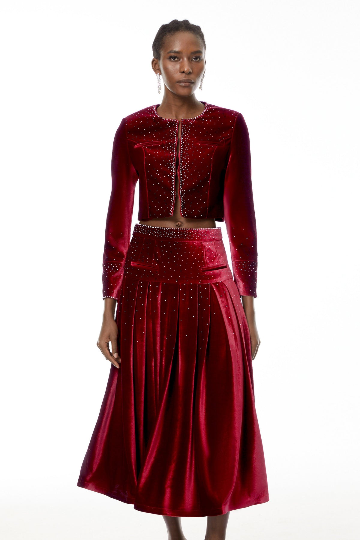 Candela Red Velvet Rhinestone Embellished Jacket & Skirt Set (Final Sale)