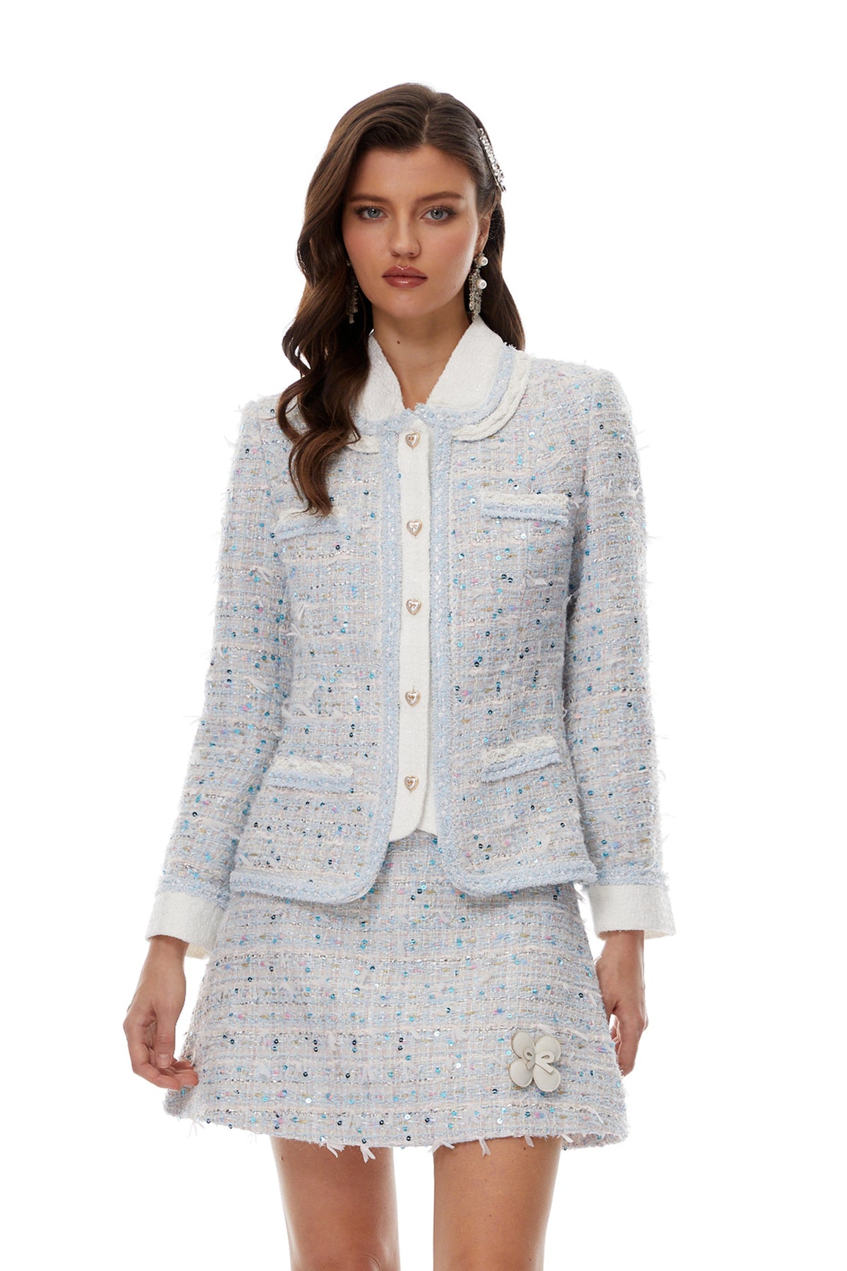 Carol Blue Tweed Jacket & 3D Petal Skirt Set