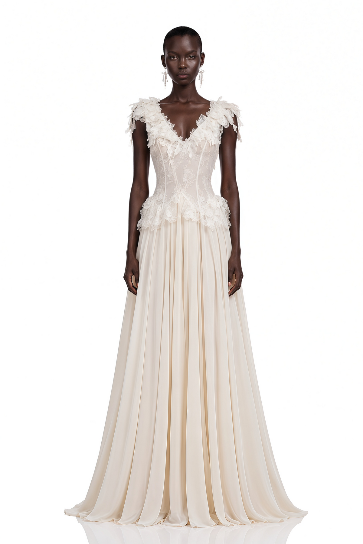 Cassandre Ivory V-Neck Ruffled Maxi Dress with Lace Trim