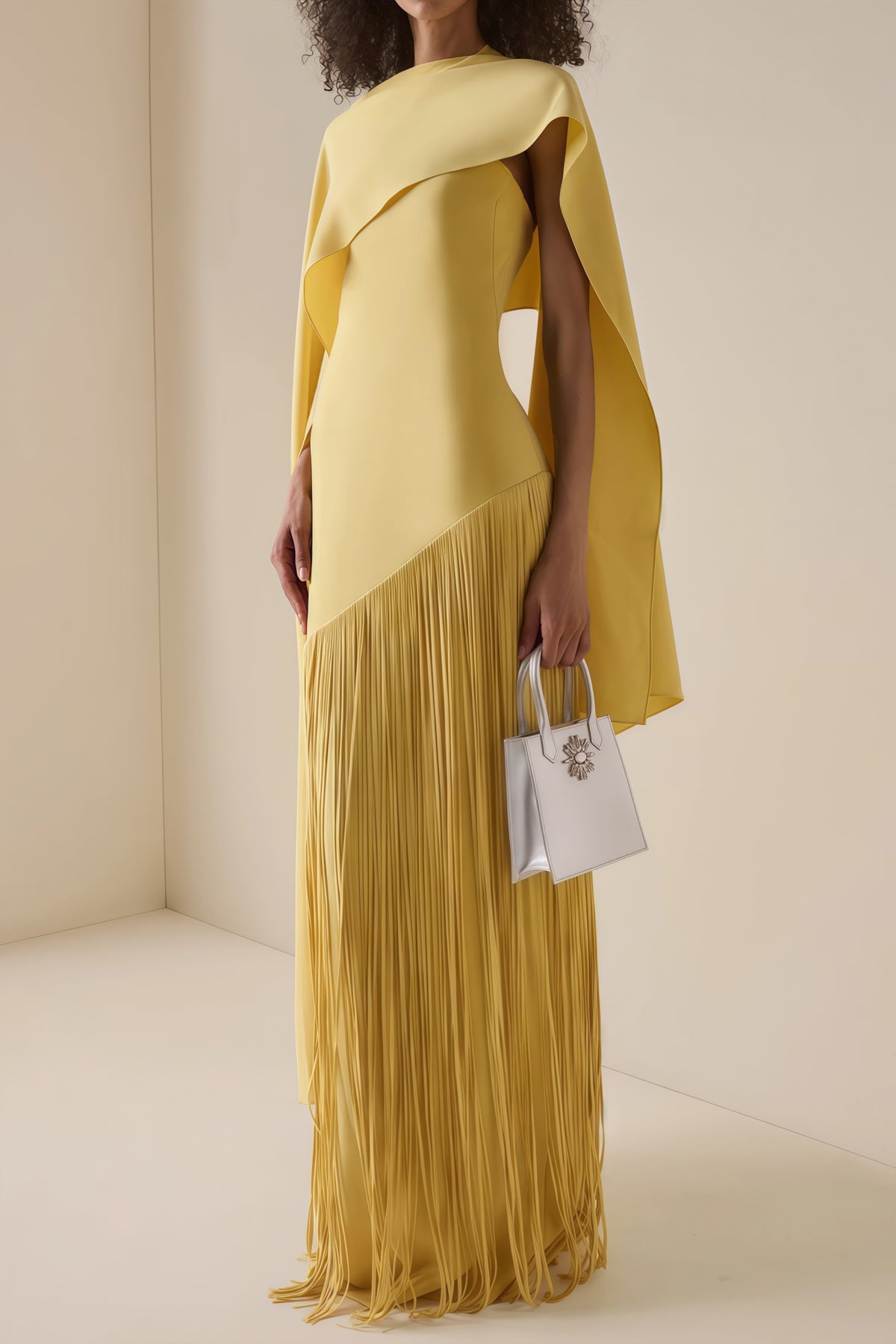 Cayetana Yellow Fringed Maxi Dress with Shawl Detail