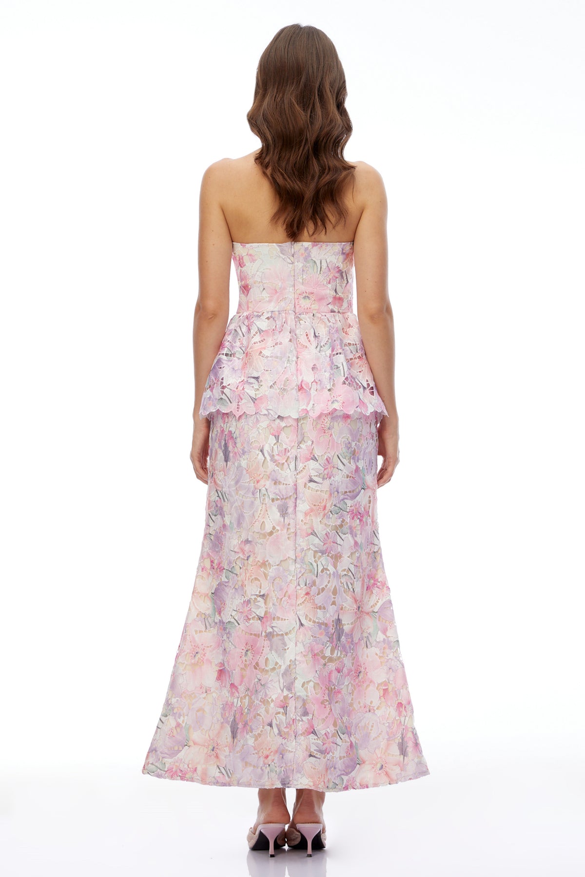 Céleste Pink Floral Strapless Peplum Maxi Dress