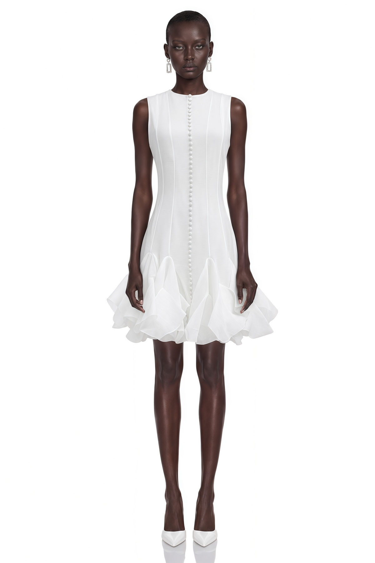 Cevher White Asymmetrical Mini Dress with Buttons