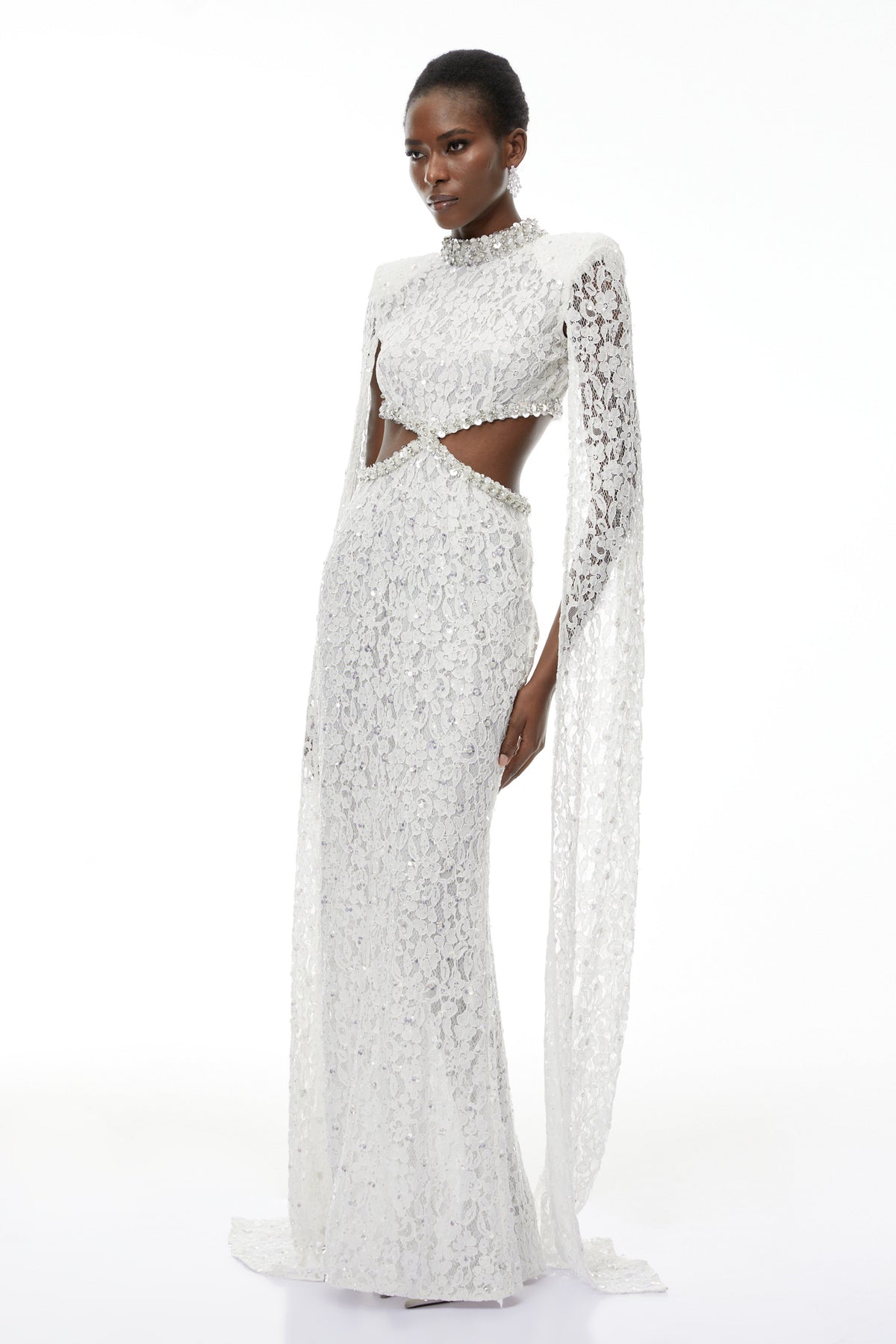 Chakame White Embellished Lace Maxi Dress