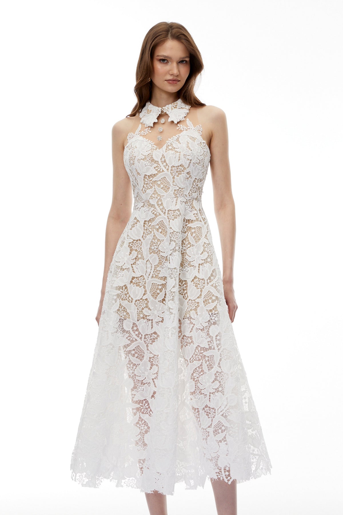 Chakame White Floral Lace Midi Dress