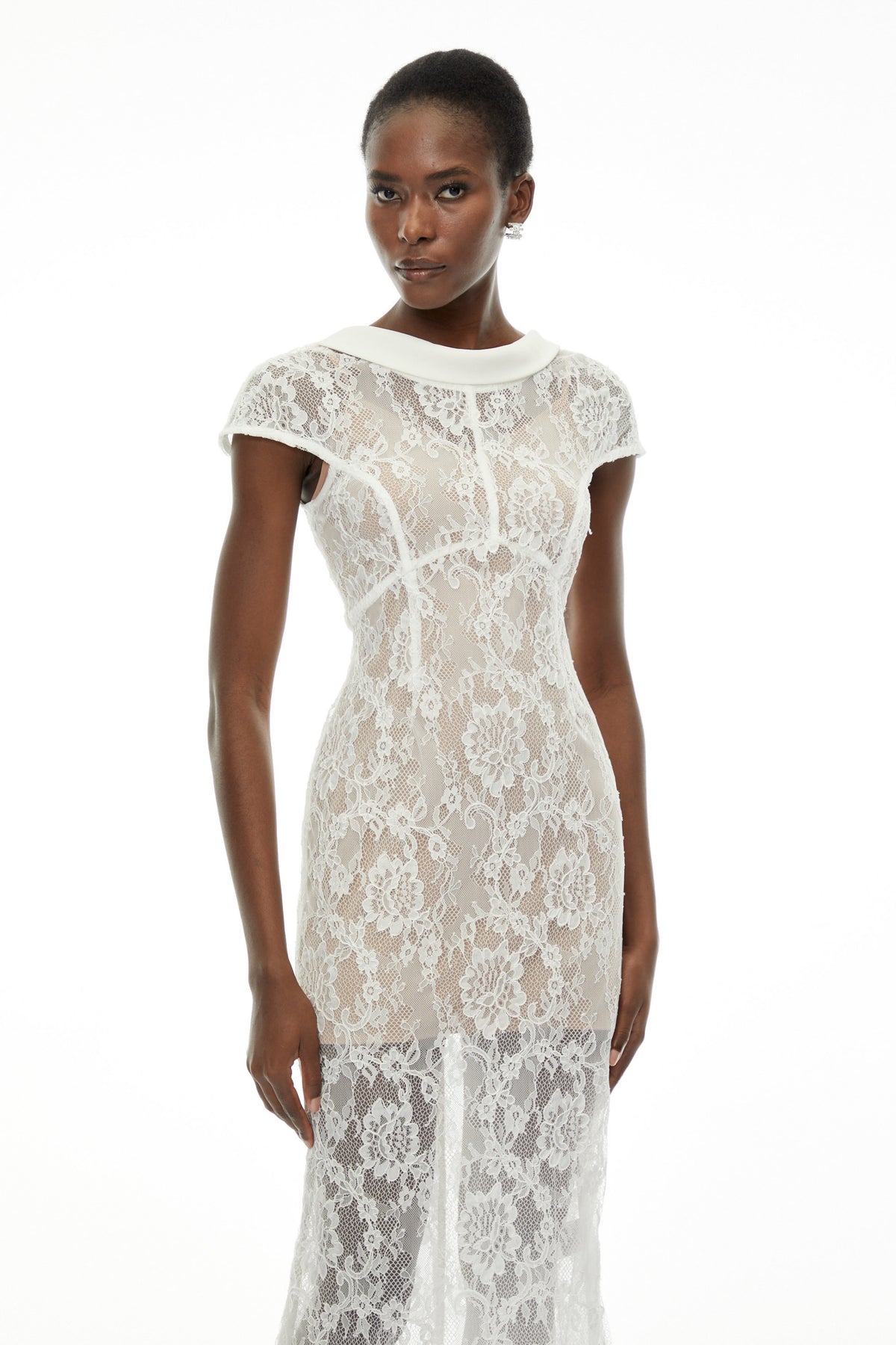 Chantal White Round Neck Floral Lace Midi Dress (Final Sale)