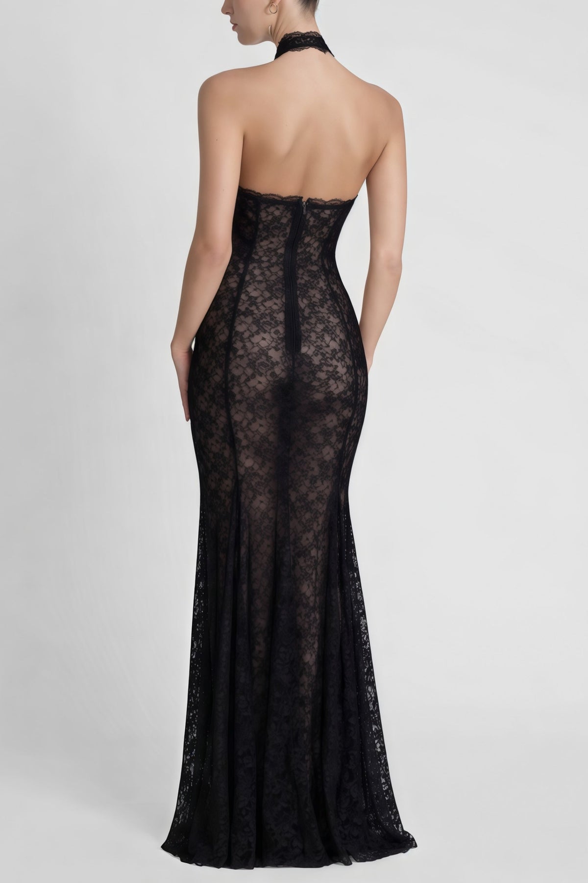 Solange Black Halterneck Floral Lace Maxi Dress