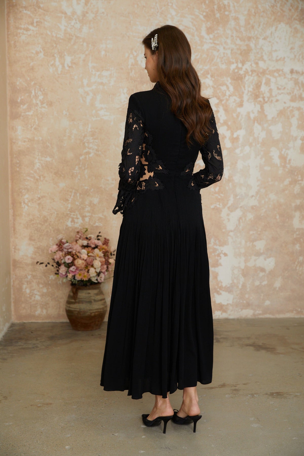 Chiara Black Lace Panel Pleated Midi Dress