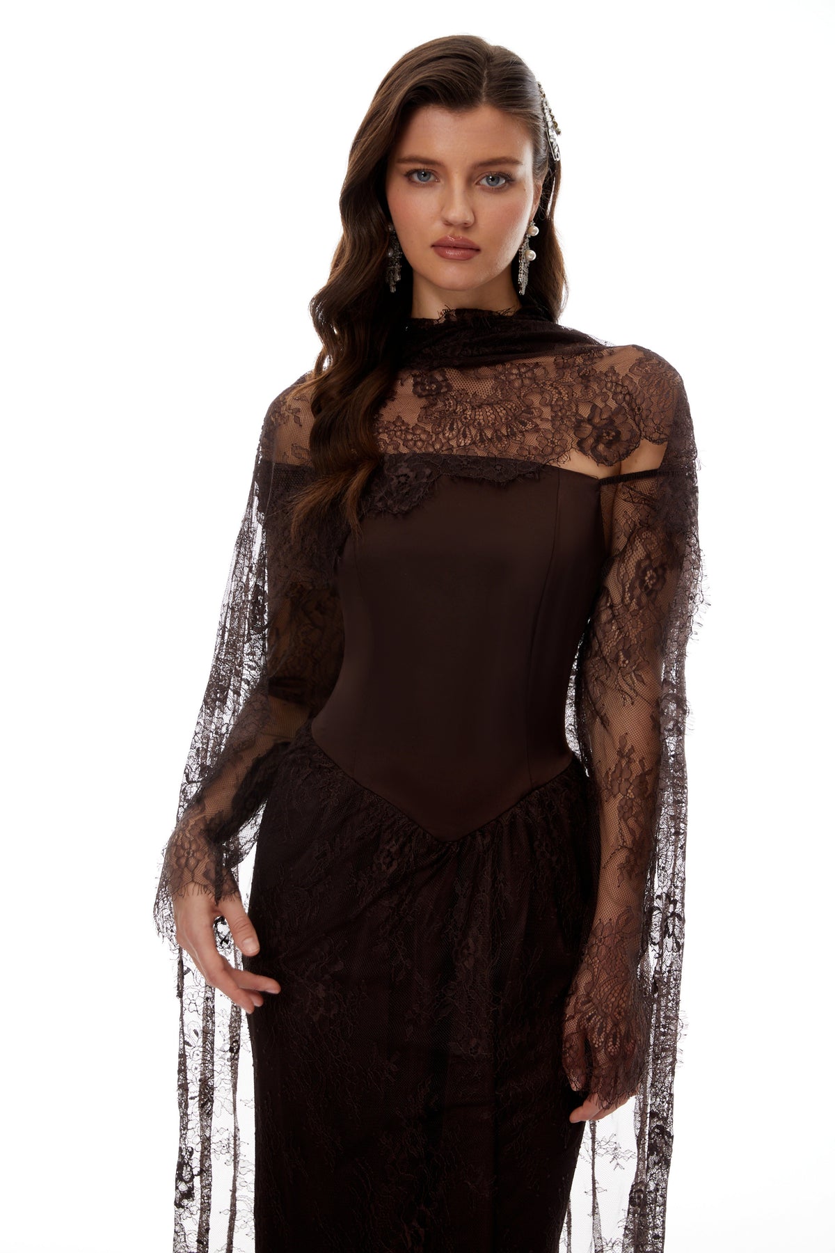 Christa Brown Floral Lace Maxi Dress with Cape