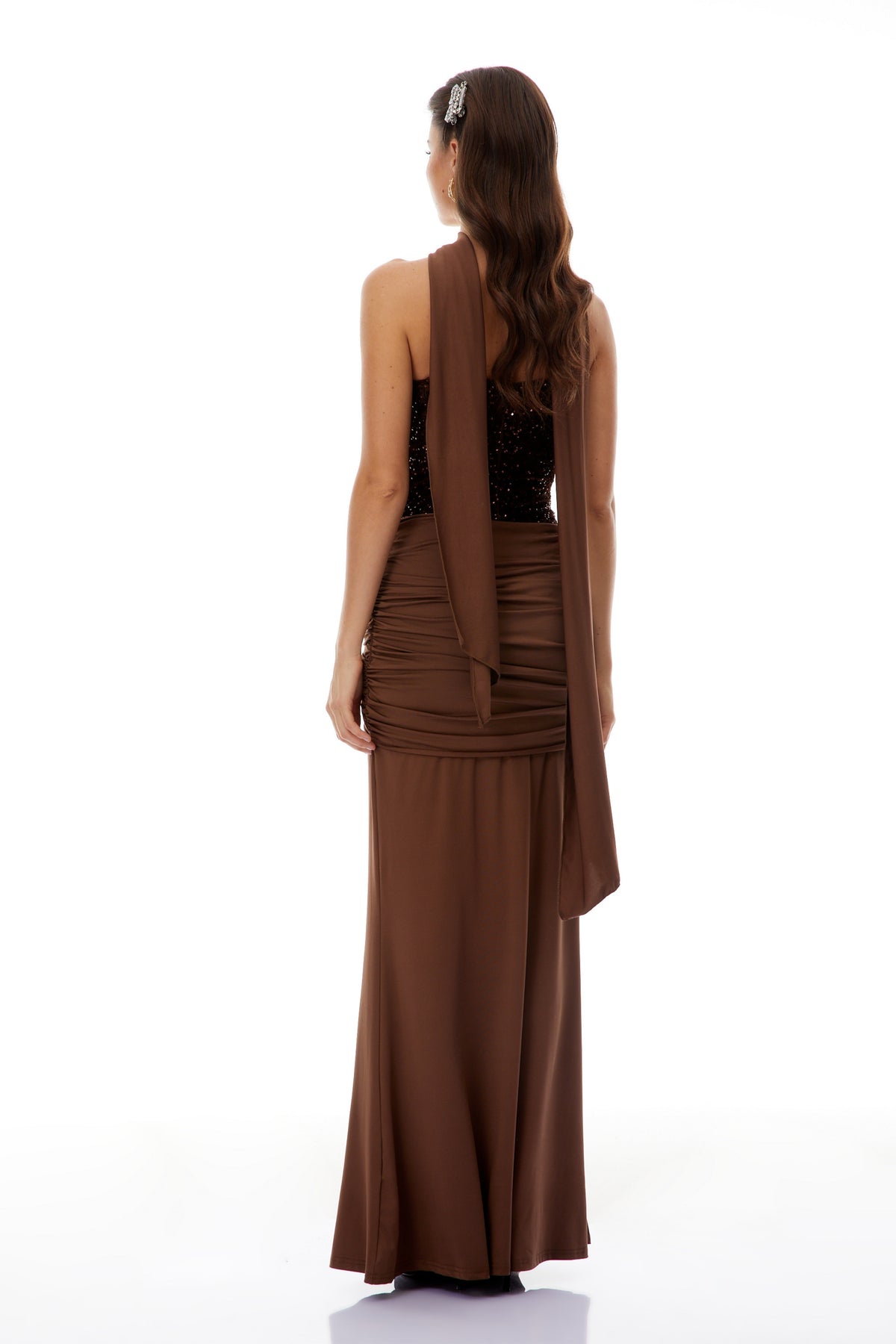 Christine Brown Off Shoulder Draped Maxi Dress