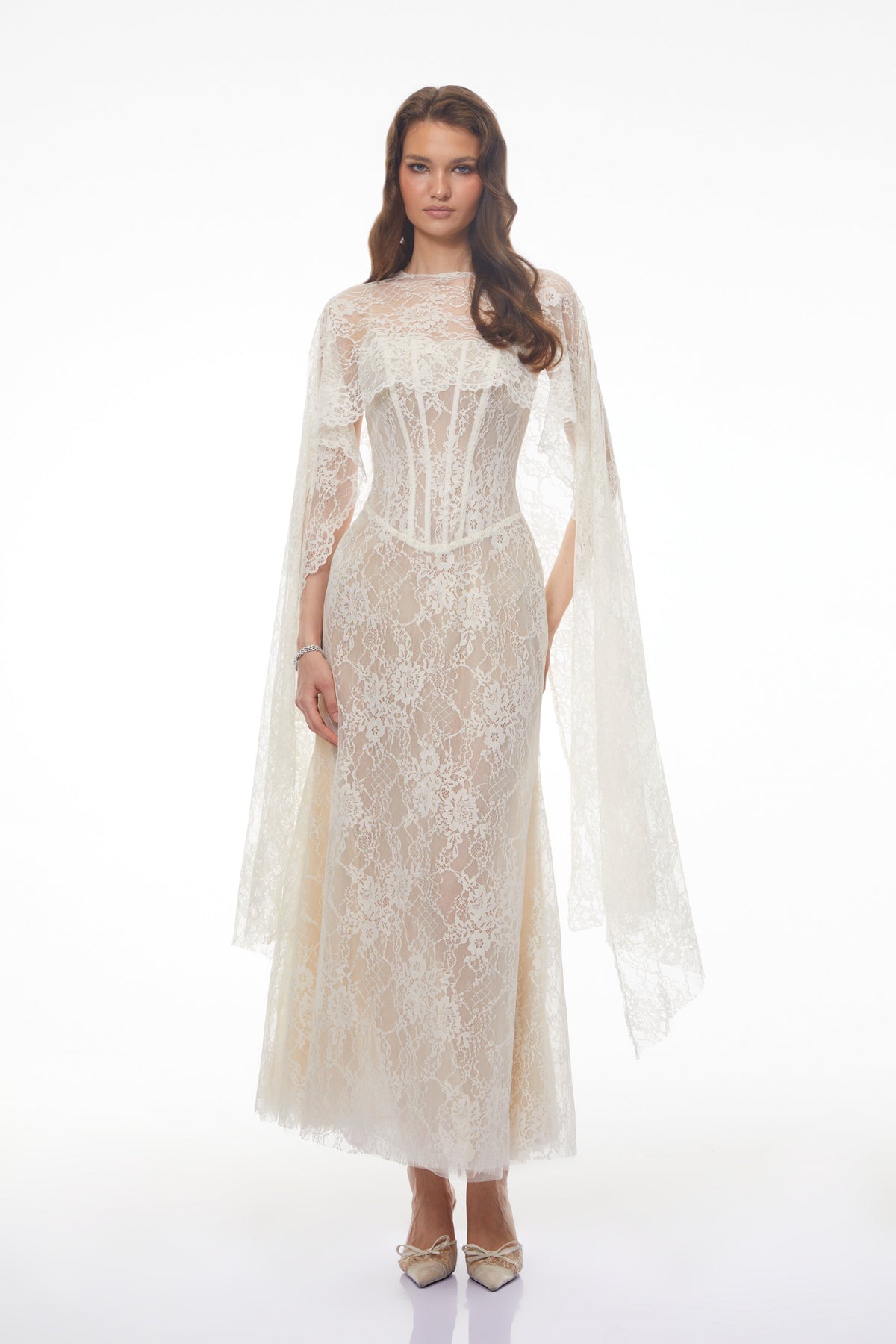 Cinzia Beige Sweetheart Lace Maxi Dress
