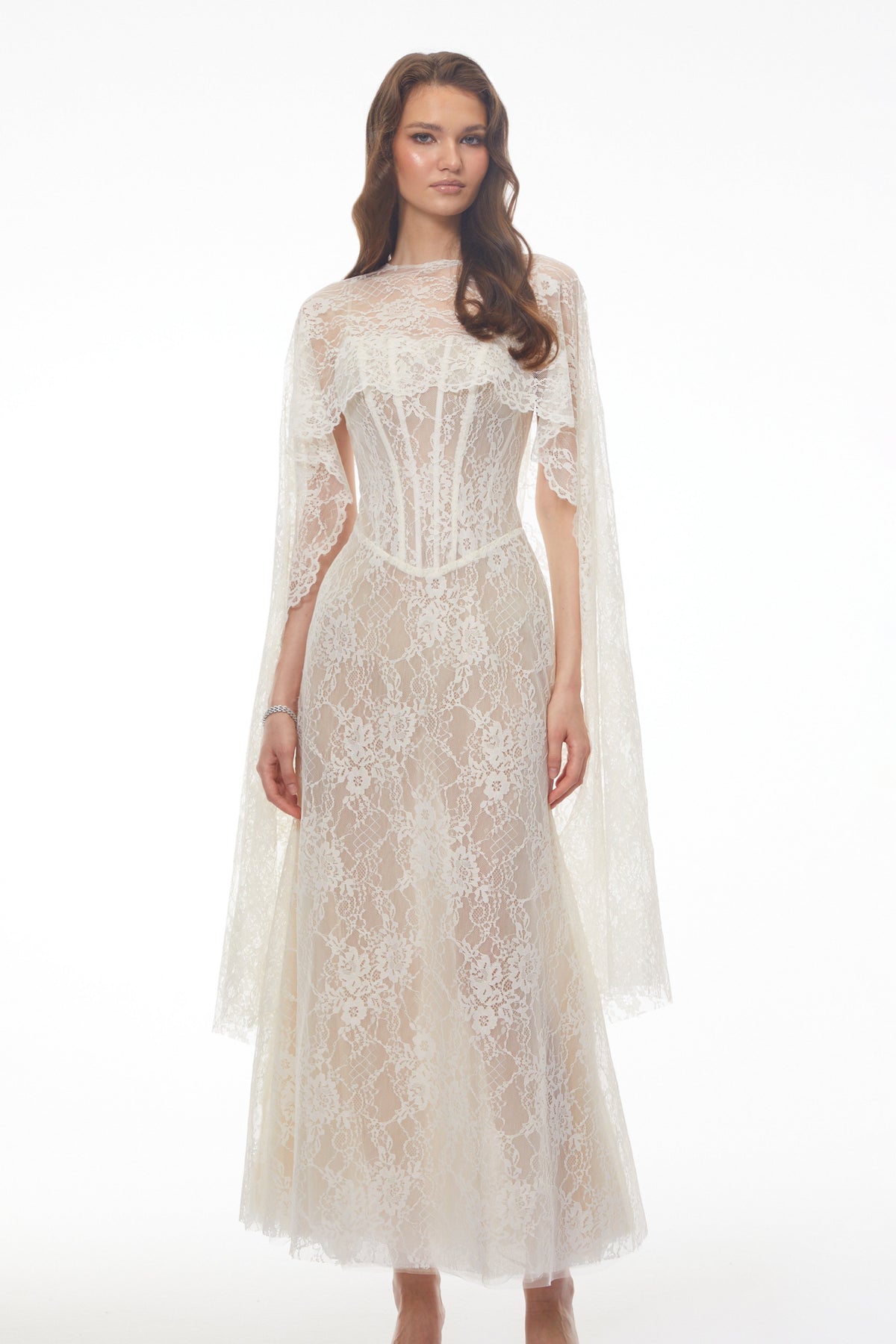 Cinzia Beige Sweetheart Lace Maxi Dress