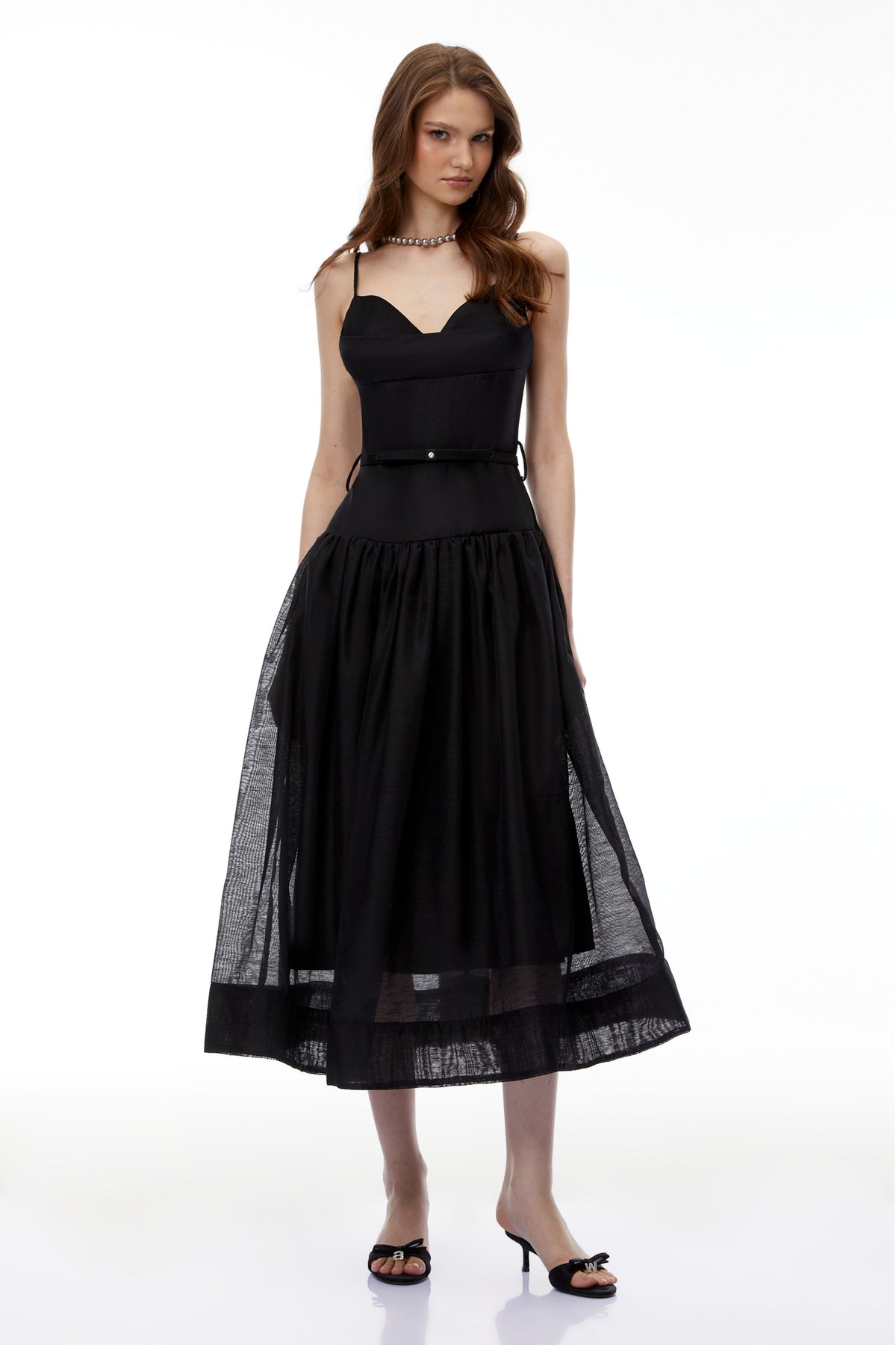 Circe Black Sweetheart Neckline Flared Midi Dress
