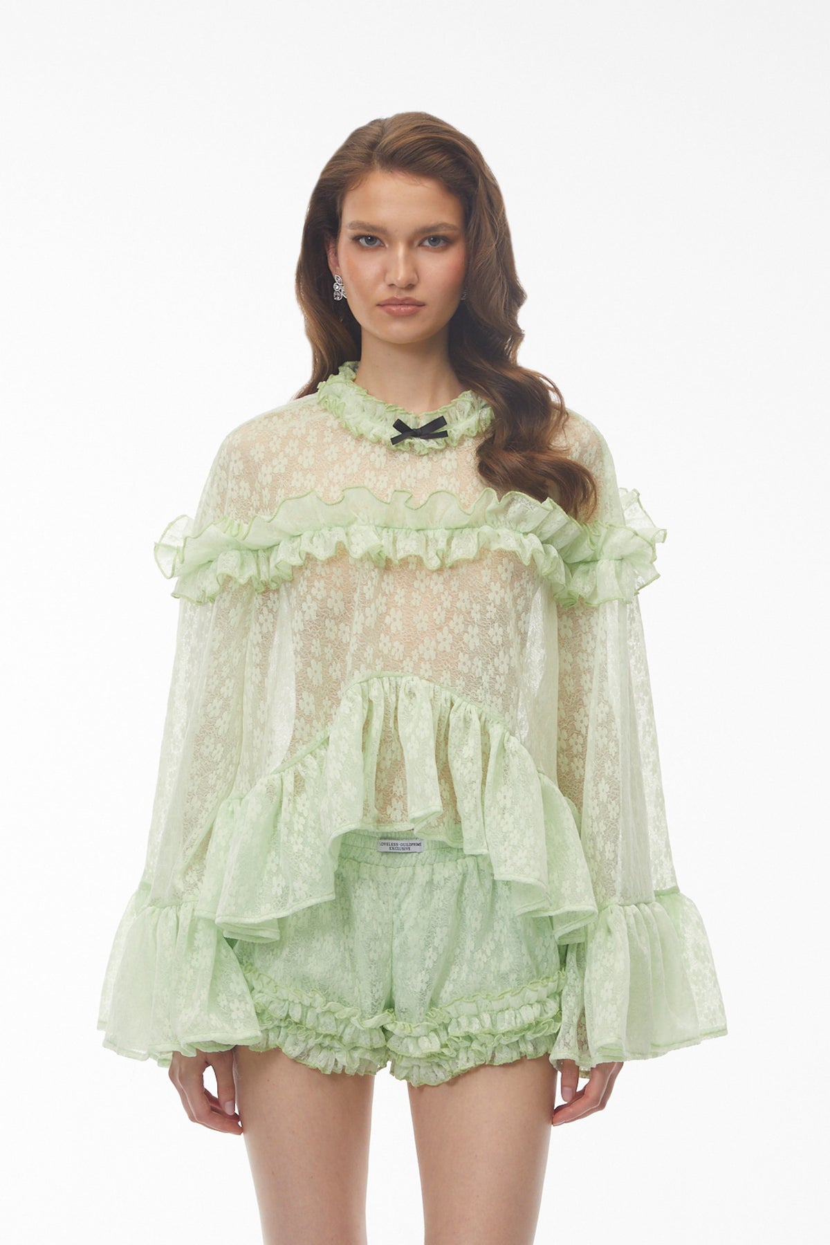 Colette Mint Green Floral Lace Ruffled Top & Shorts Set