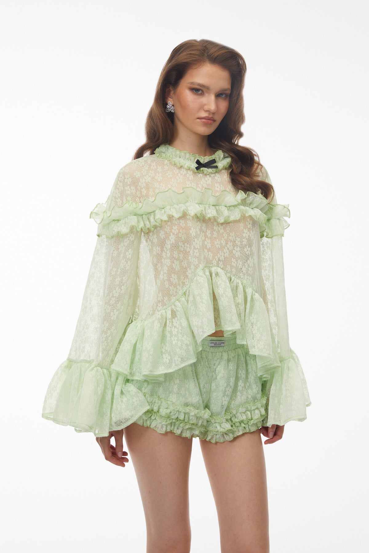 Colette Mint Green Floral Lace Ruffled Top & Shorts Set