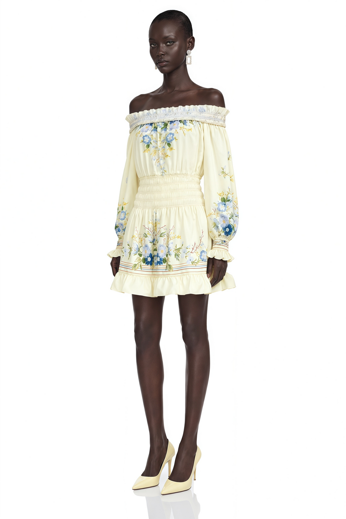 Crystal Yellow Off Shoulder Floral Print Mini Dress