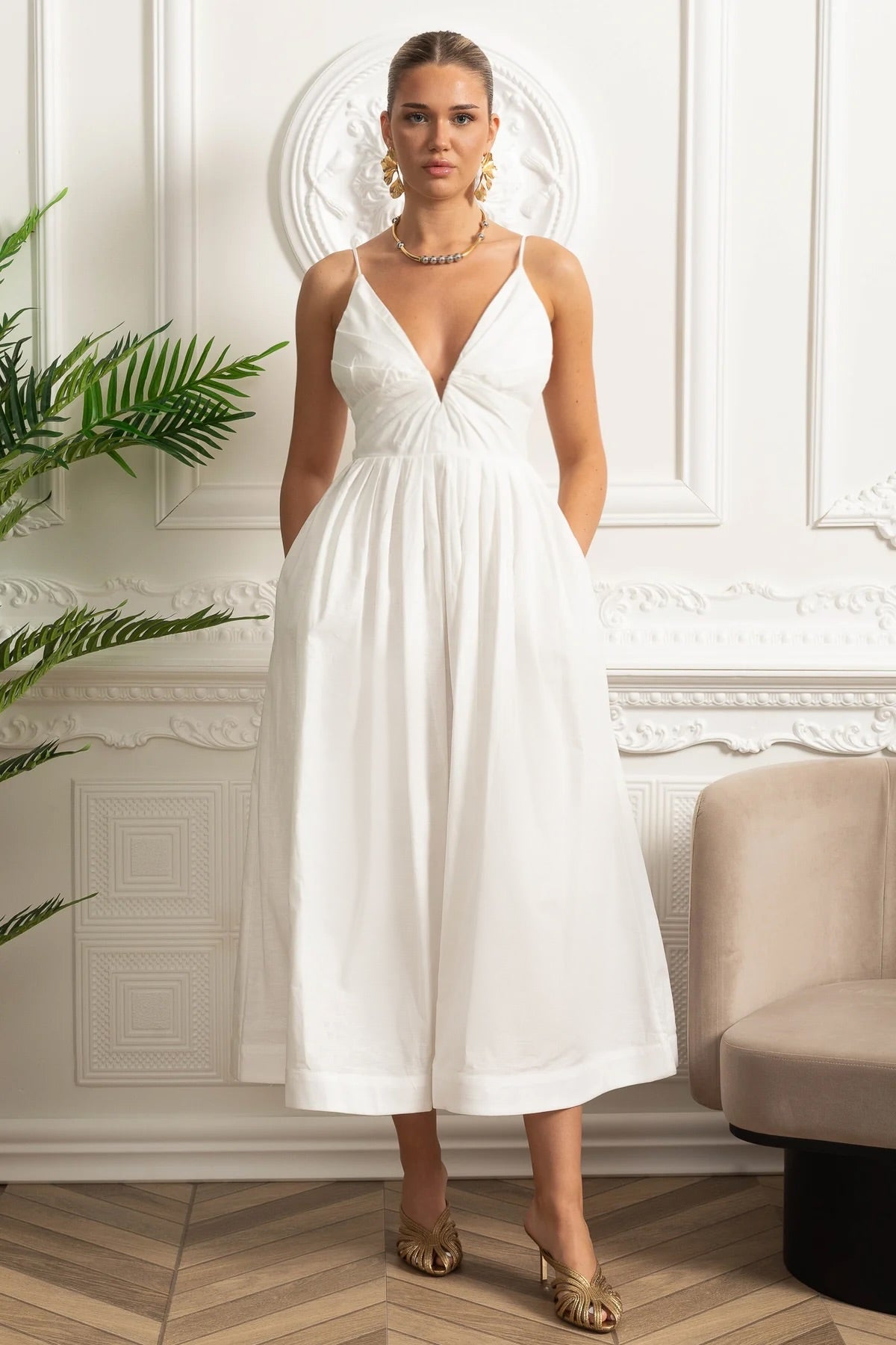 Ruched Bodice Strappy Midi Dress with Smocked Back and Gathered Skirt- White