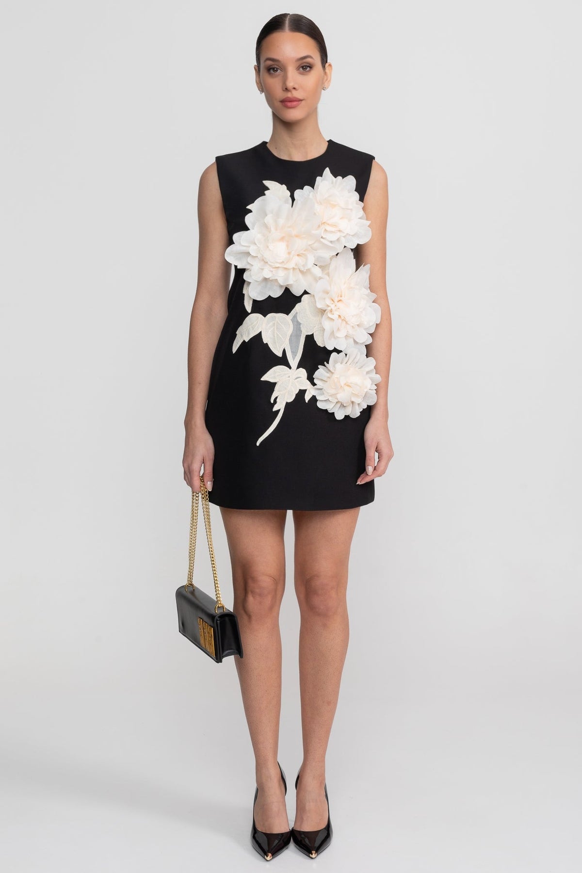 Sleeveless Mini Dress With Round Neckline And 3D Floral Appliqué - Black