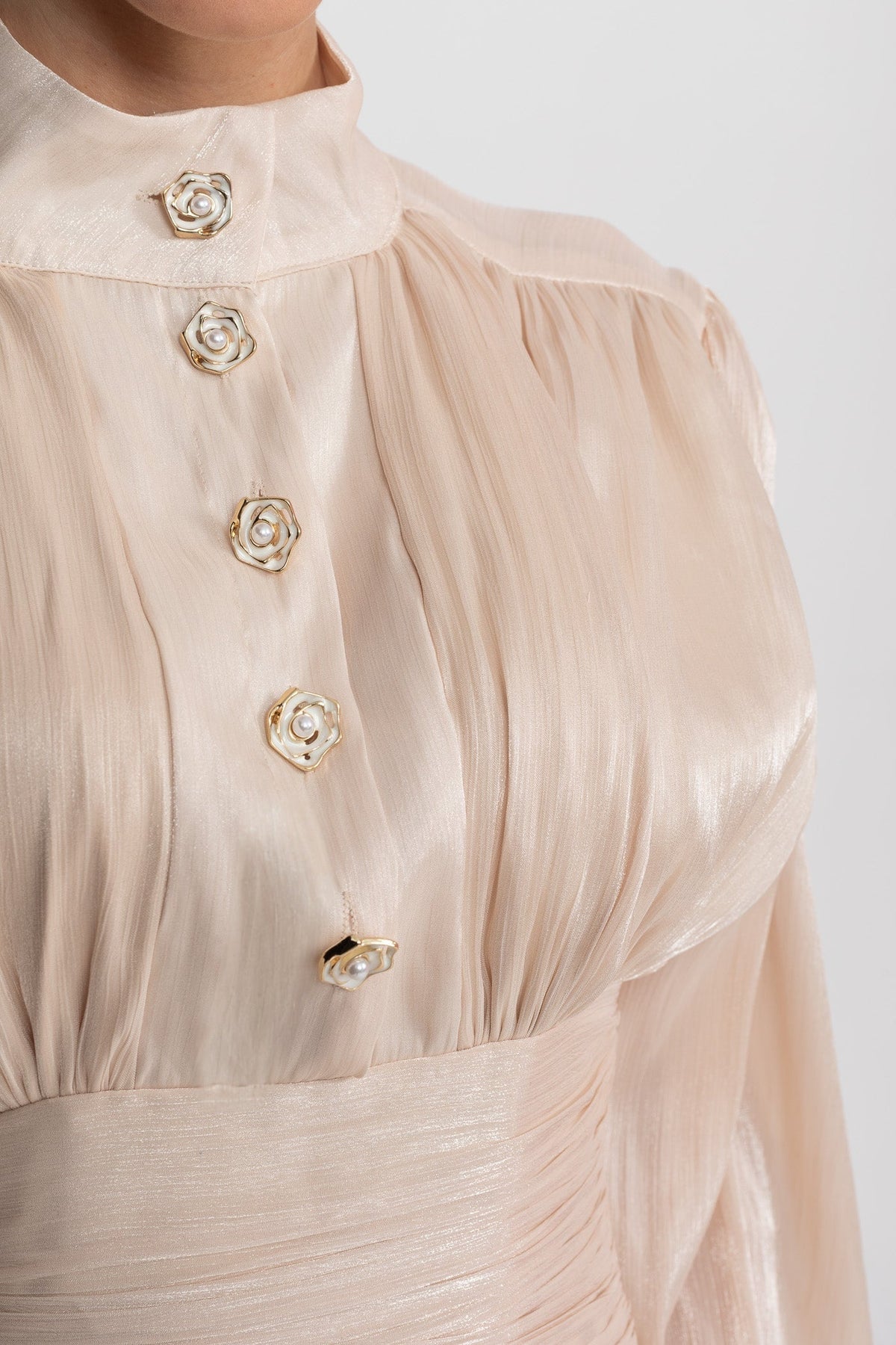 Draped Long Sleeve Mini Dress With Tiered Ruffle Skirt - Champagne