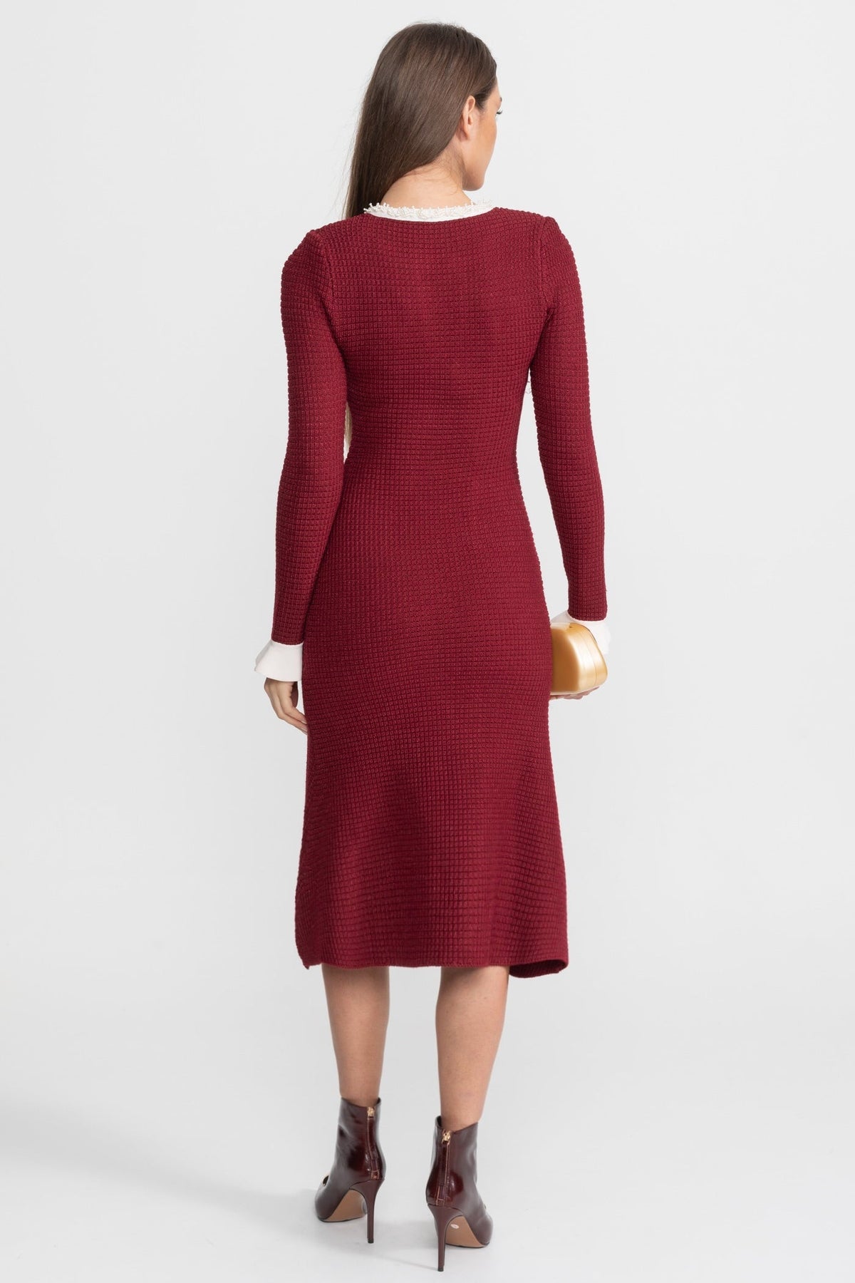 Textured Midi Dress with Contrast Embroidered Trim – Burgundy