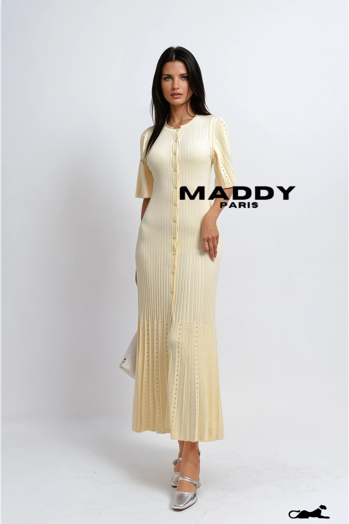 Sandro Fine-knit midi dress with openwork design yellow/beige