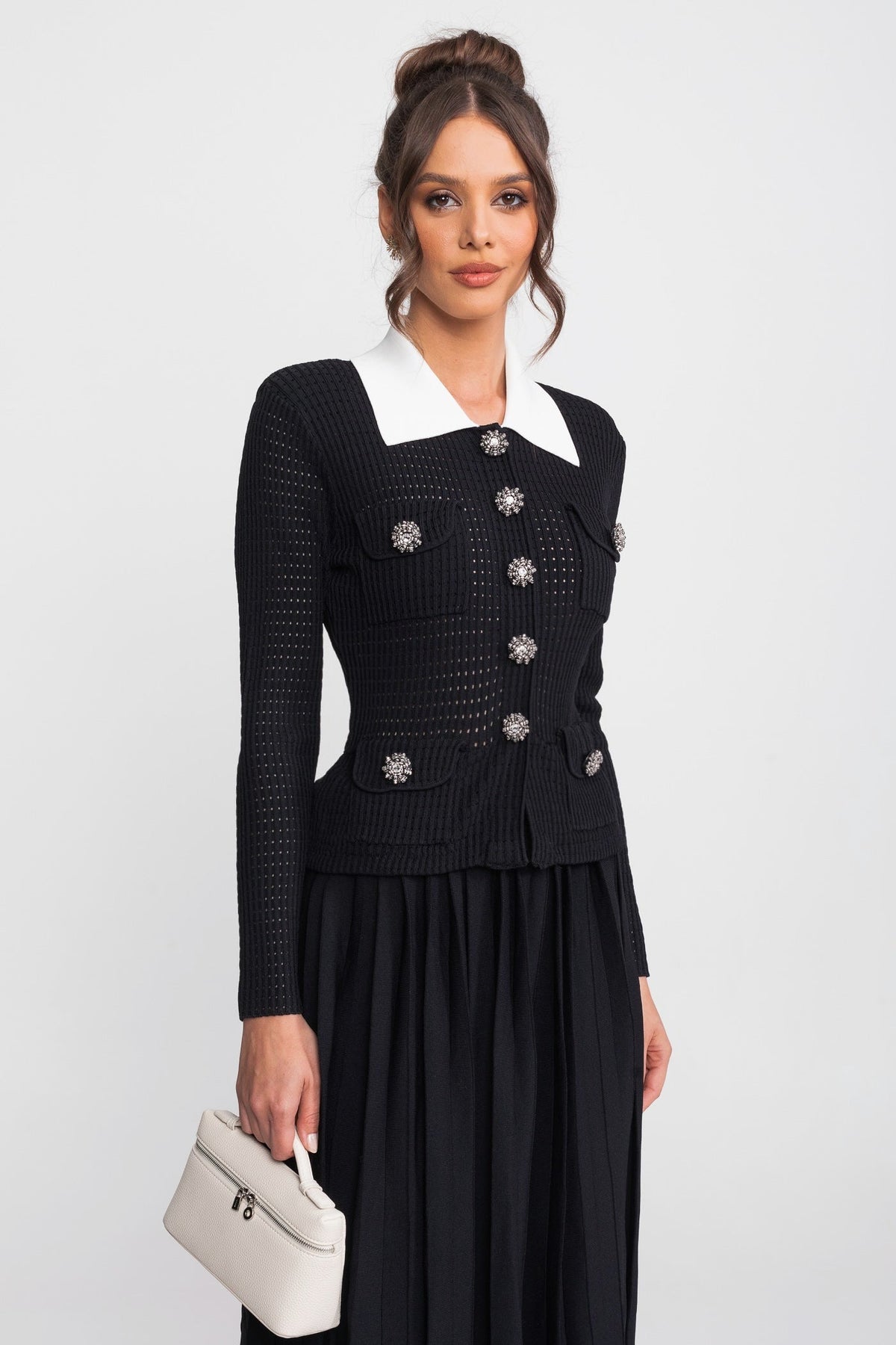 Open-Knit Dress with Pleated Midi Skirt - Black