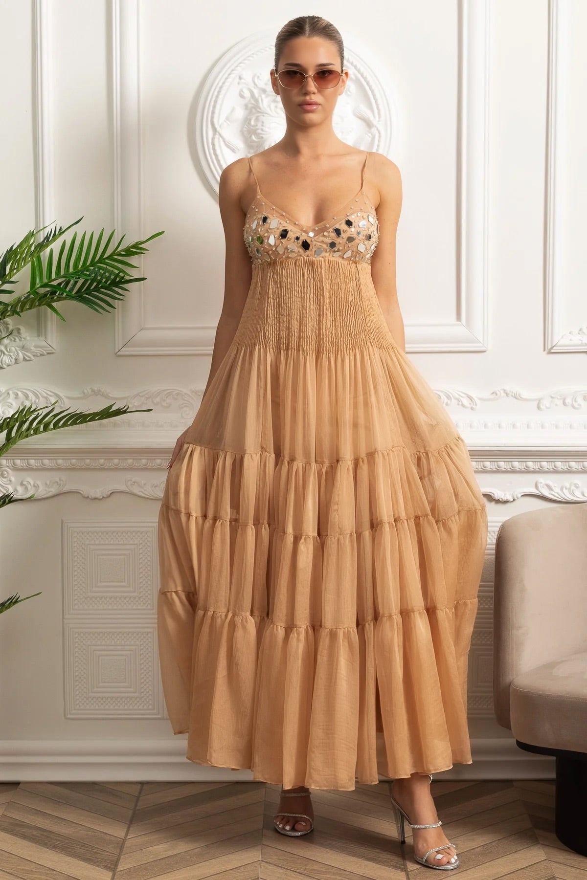 Tiered Maxi Dress with Fitted Bust and Reflective Accents - Beige