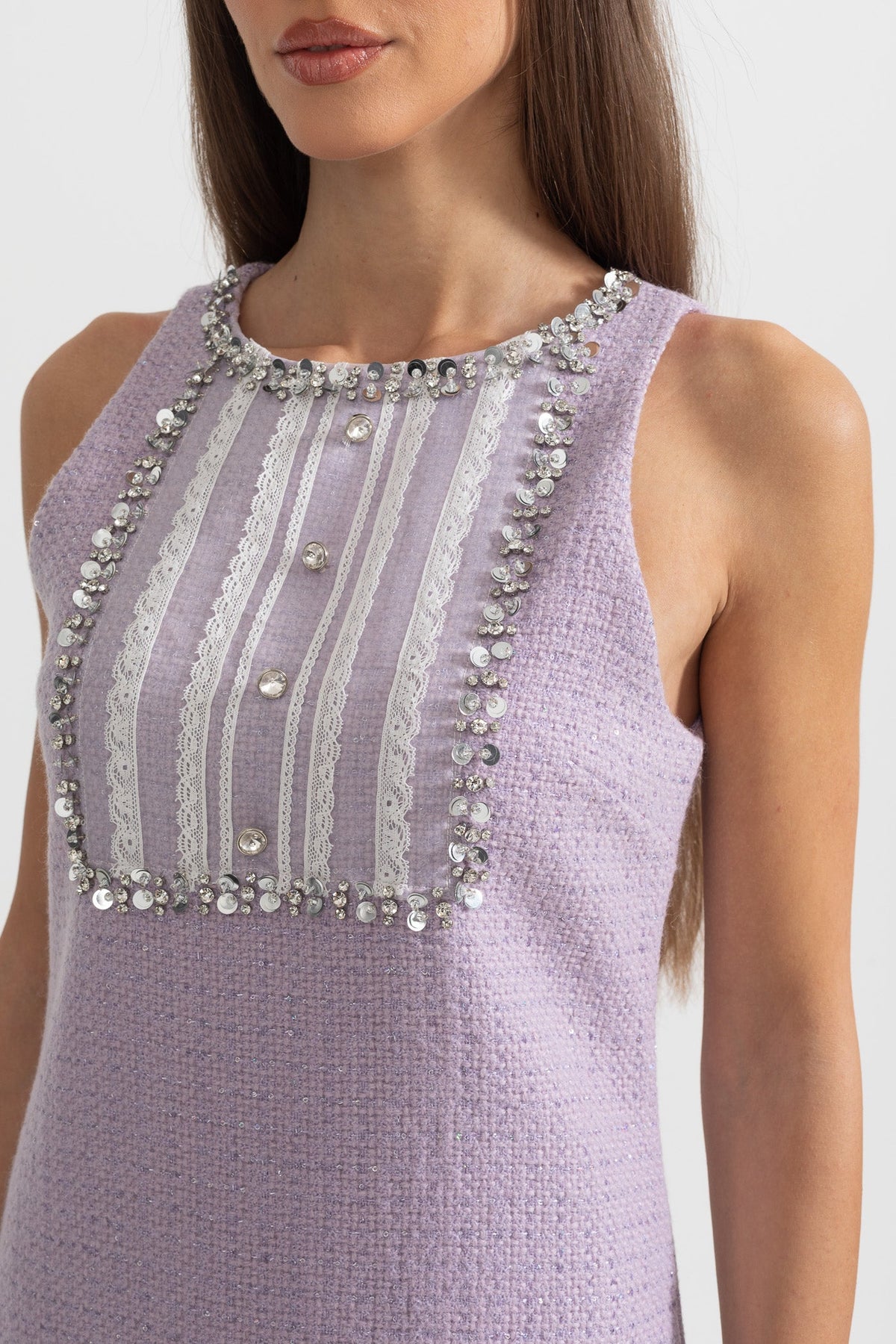 Textured Mini Dress With Sequin and Lace Embellishments - Purple