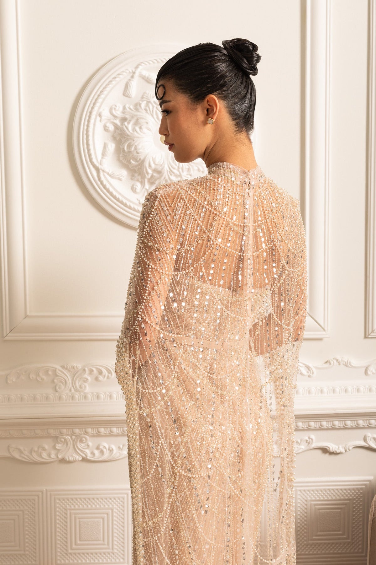 Glamourous Beaded Gown With Detachable Veil - Beige