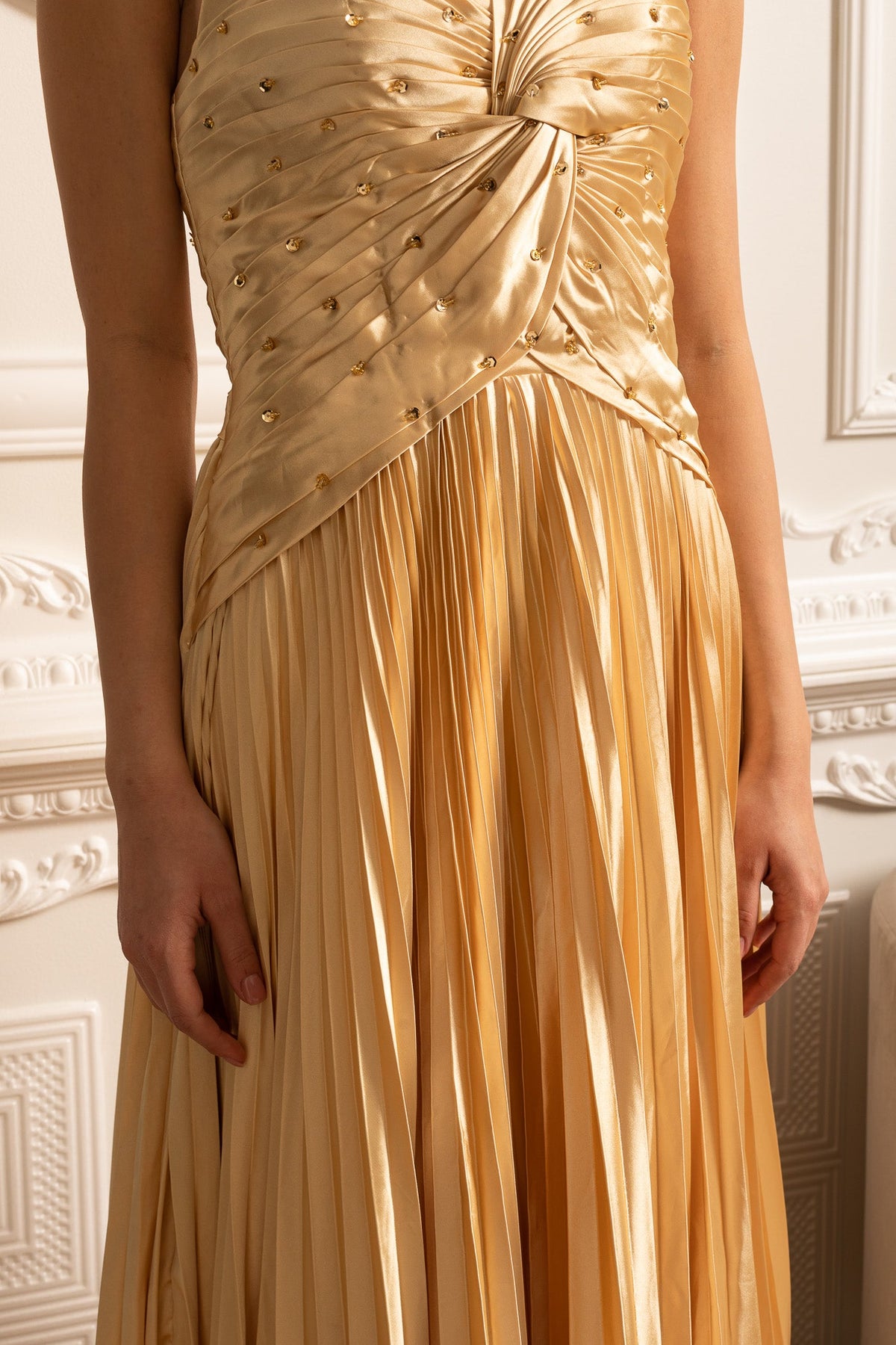 Cascade Gown With Back Lace Detail - Gold