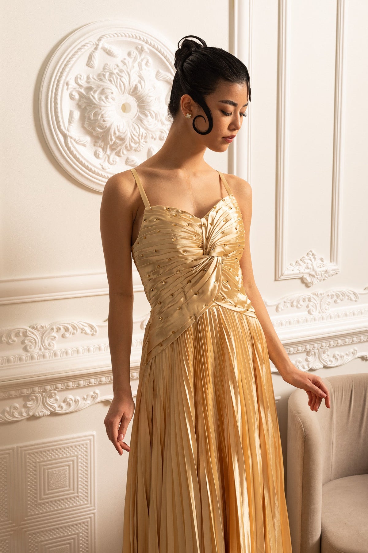 Cascade Gown With Back Lace Detail - Gold