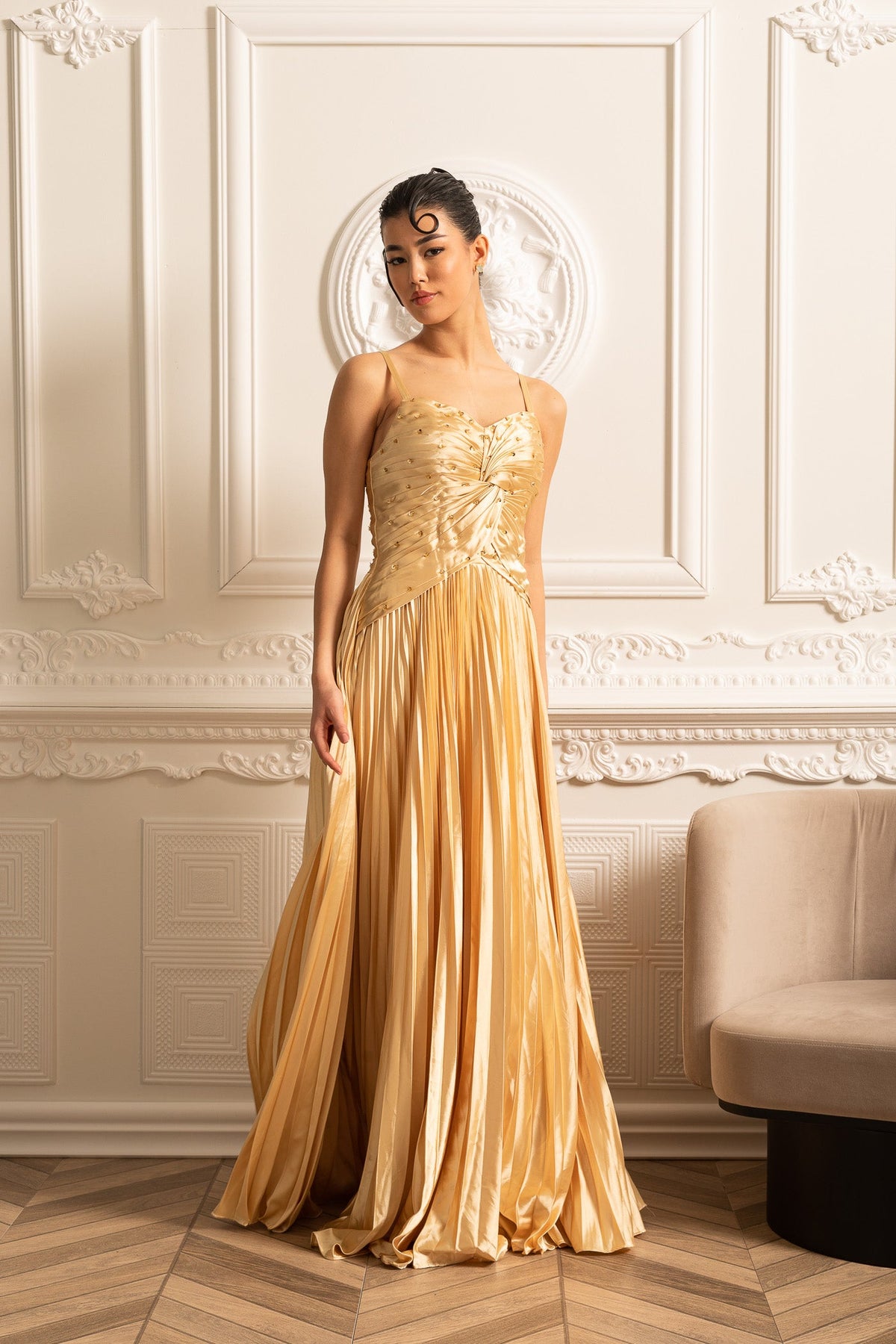 Cascade Gown With Back Lace Detail - Gold