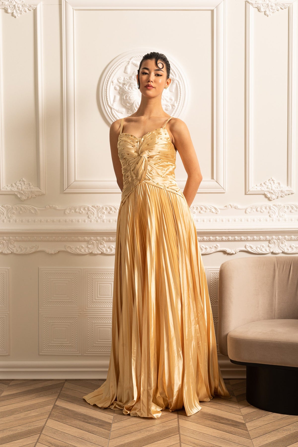 Cascade Gown With Back Lace Detail - Gold