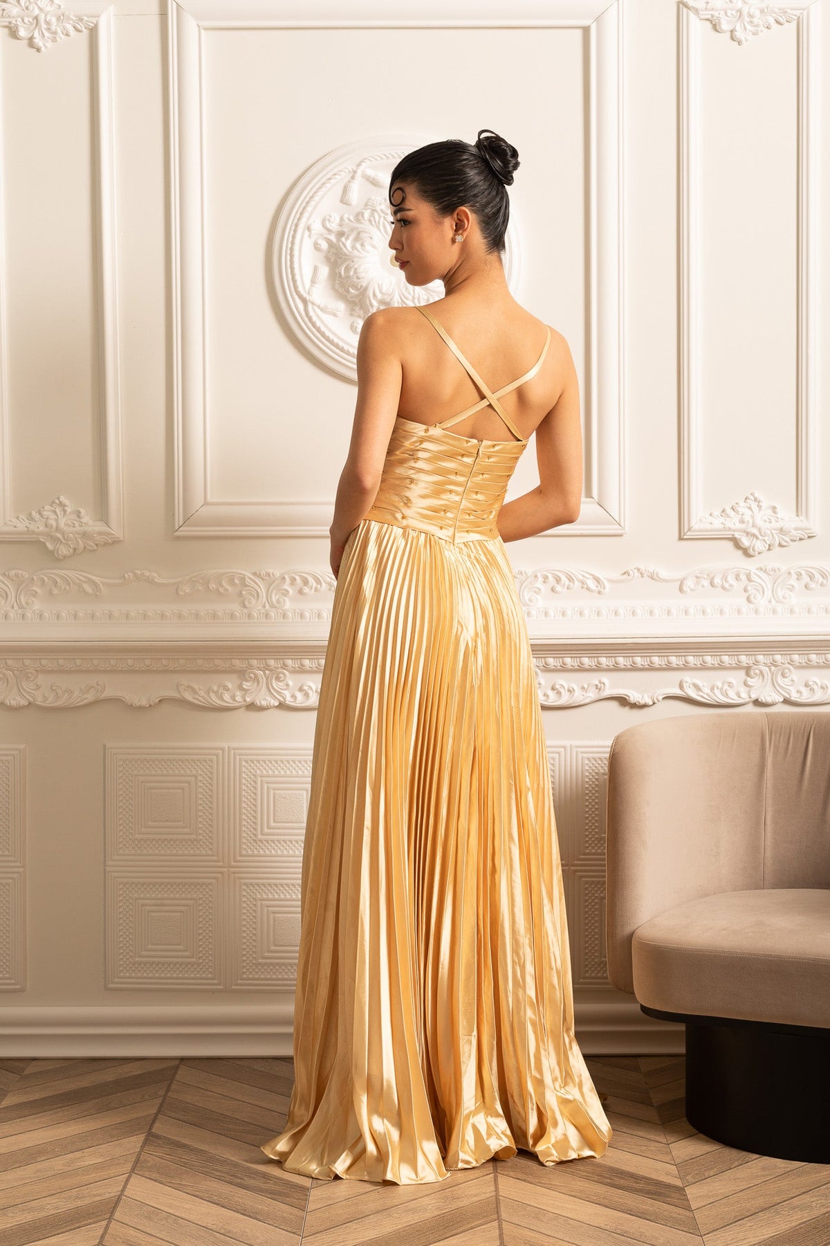 Cascade Gown With Back Lace Detail - Gold