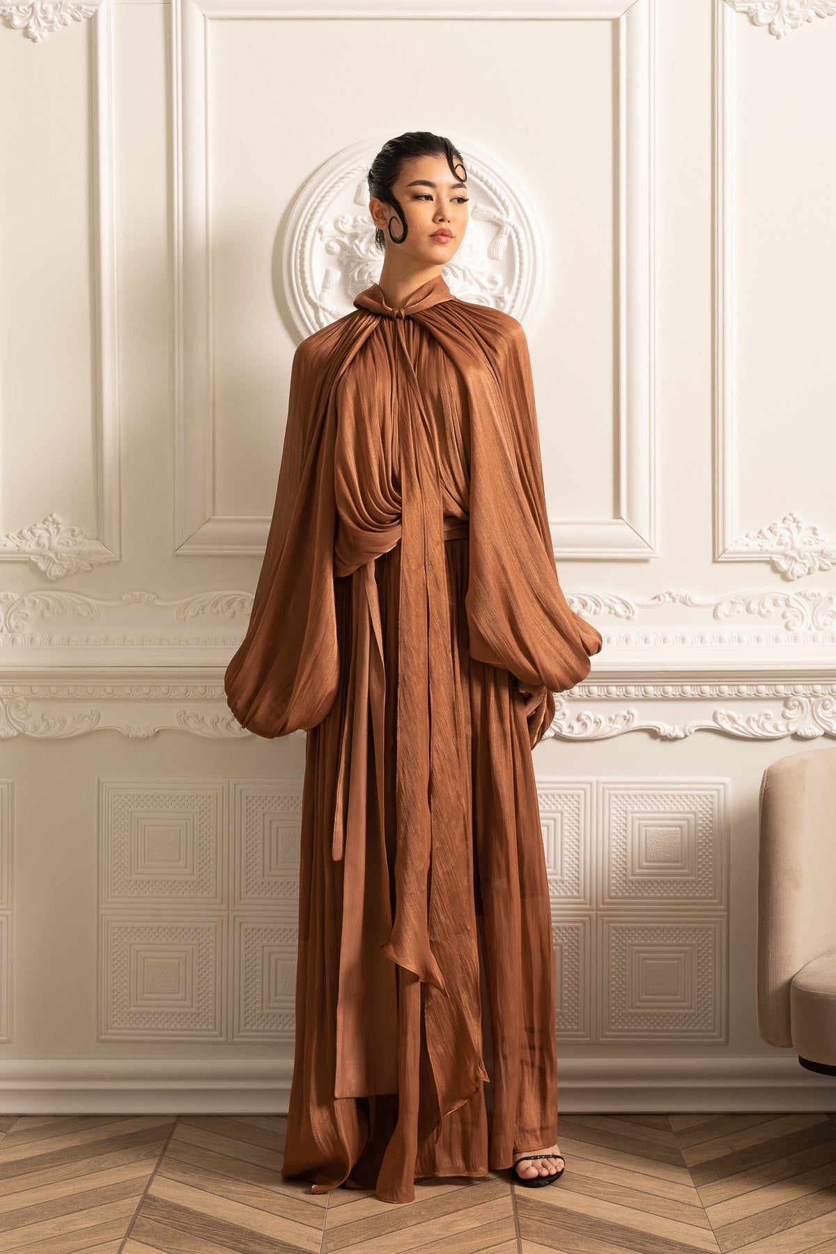 Elegant Gown With Voluminous Sleeves And Flowing Silhouette - Brown