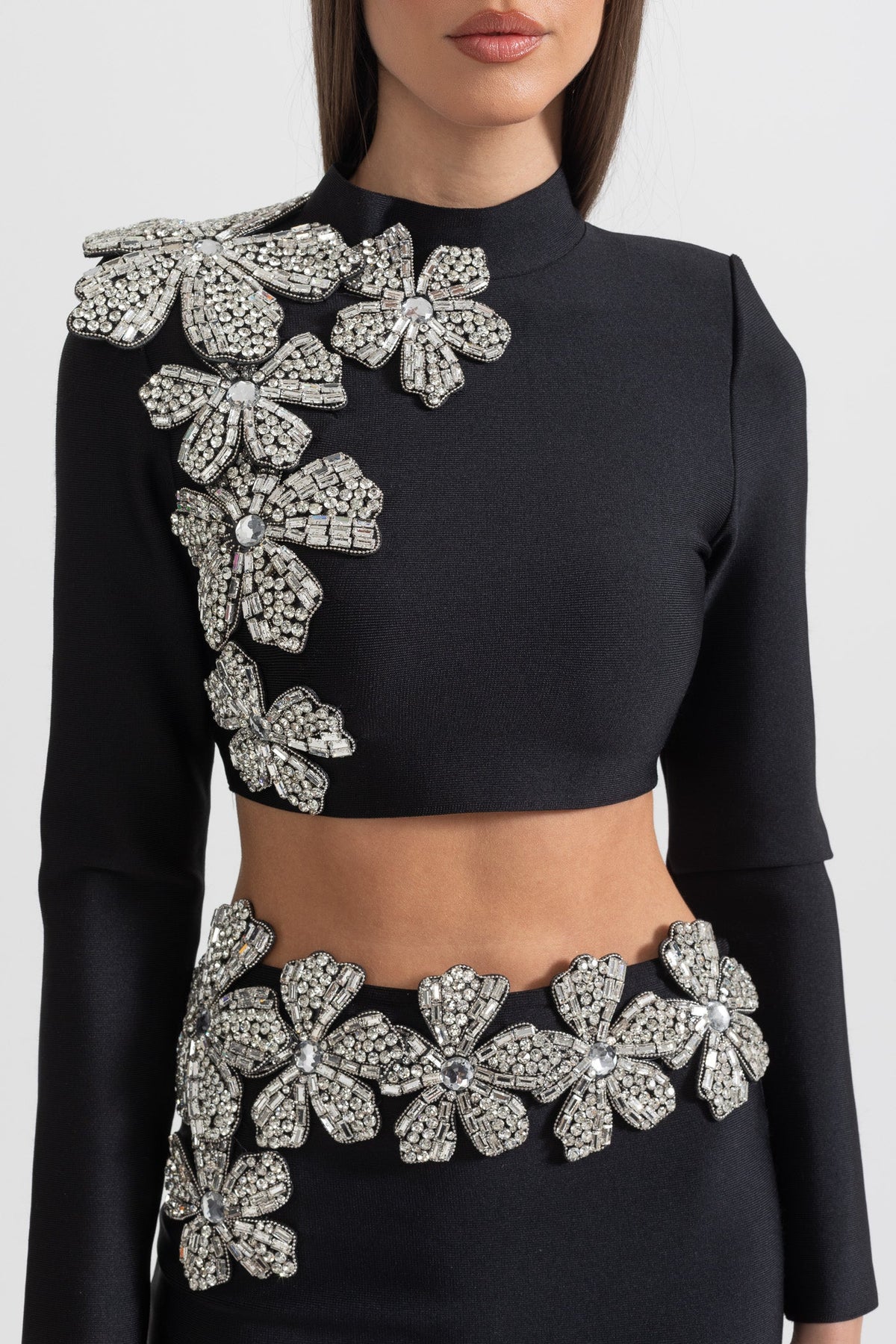 Madison Diamond Flower Accent 2 Piece Set With Long Sleeves Top And Maxi Skirt - Black