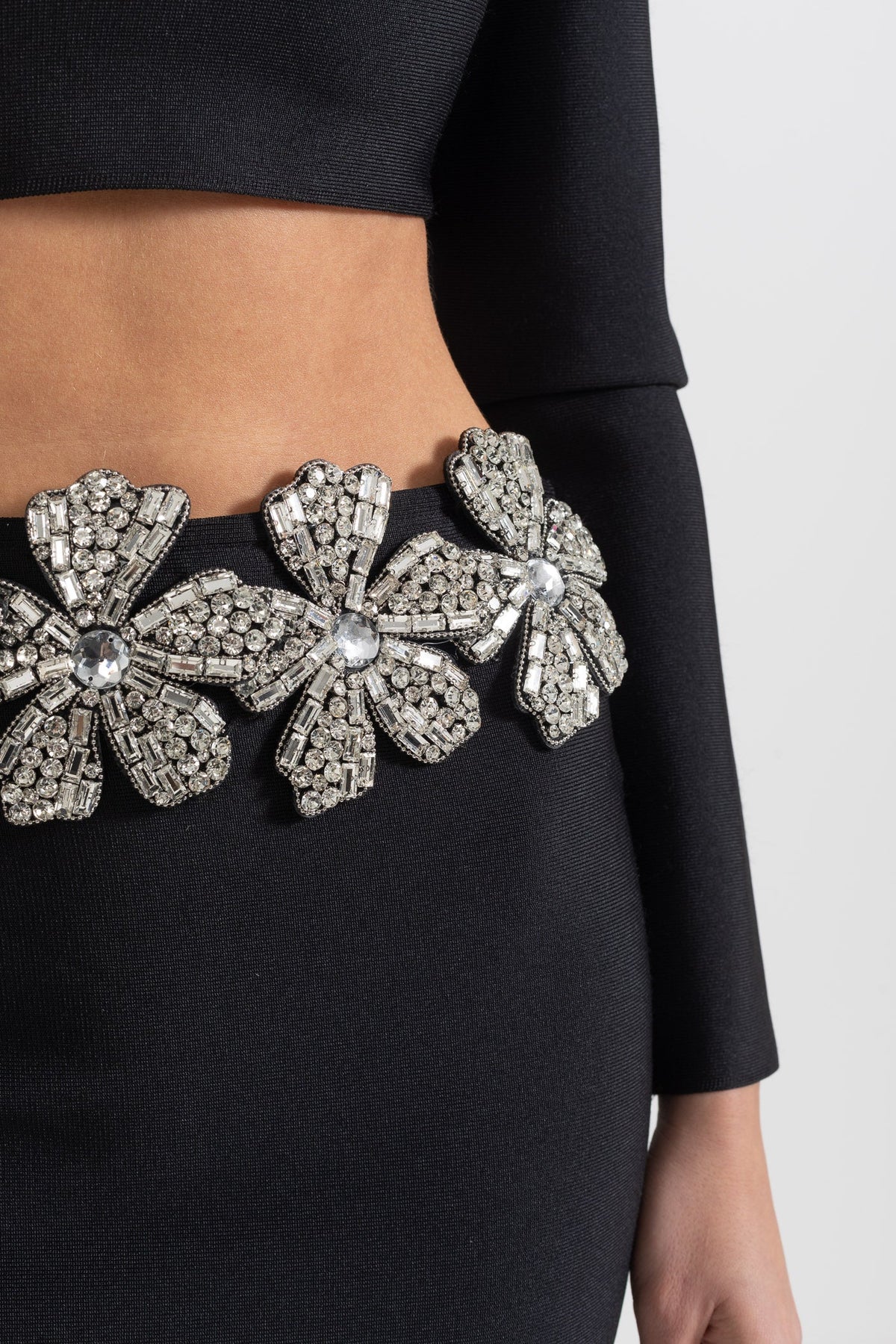 Madison Diamond Flower Accent 2 Piece Set With Long Sleeves Top And Maxi Skirt - Black