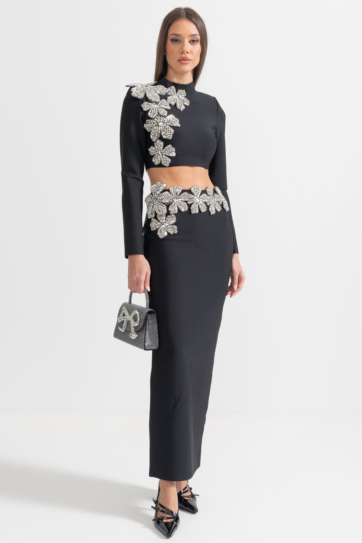 Madison Diamond Flower Accent 2 Piece Set With Long Sleeves Top And Maxi Skirt - Black