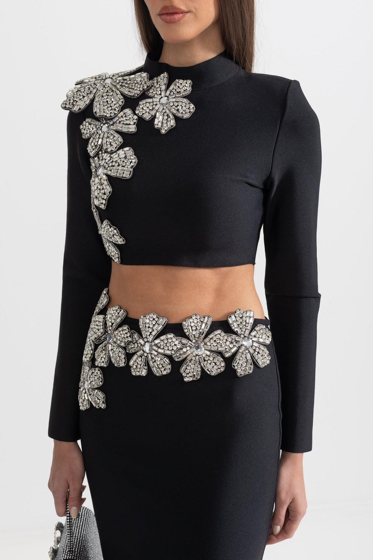 Madison Diamond Flower Accent 2 Piece Set With Long Sleeves Top And Maxi Skirt - Black