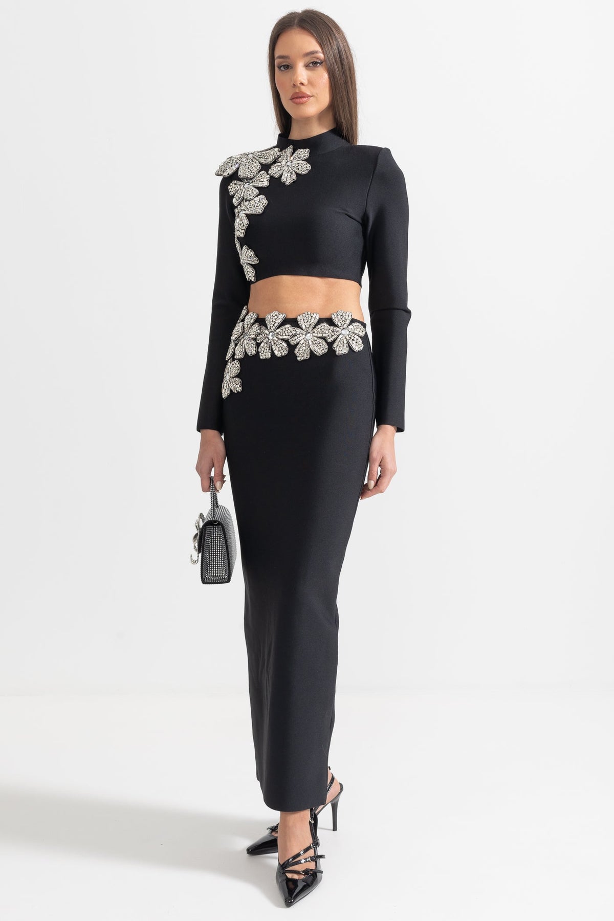 Madison Diamond Flower Accent 2 Piece Set With Long Sleeves Top And Maxi Skirt - Black