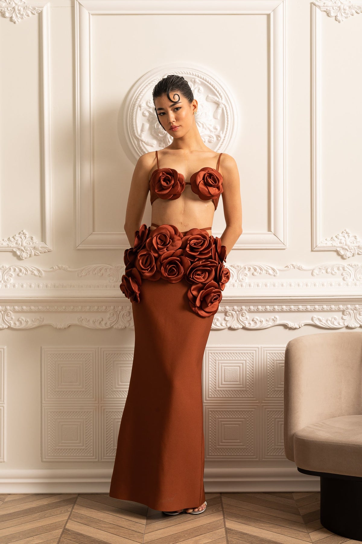 Elegant Satin Co-Ord Set With 3D Floral Embellishments - Brown