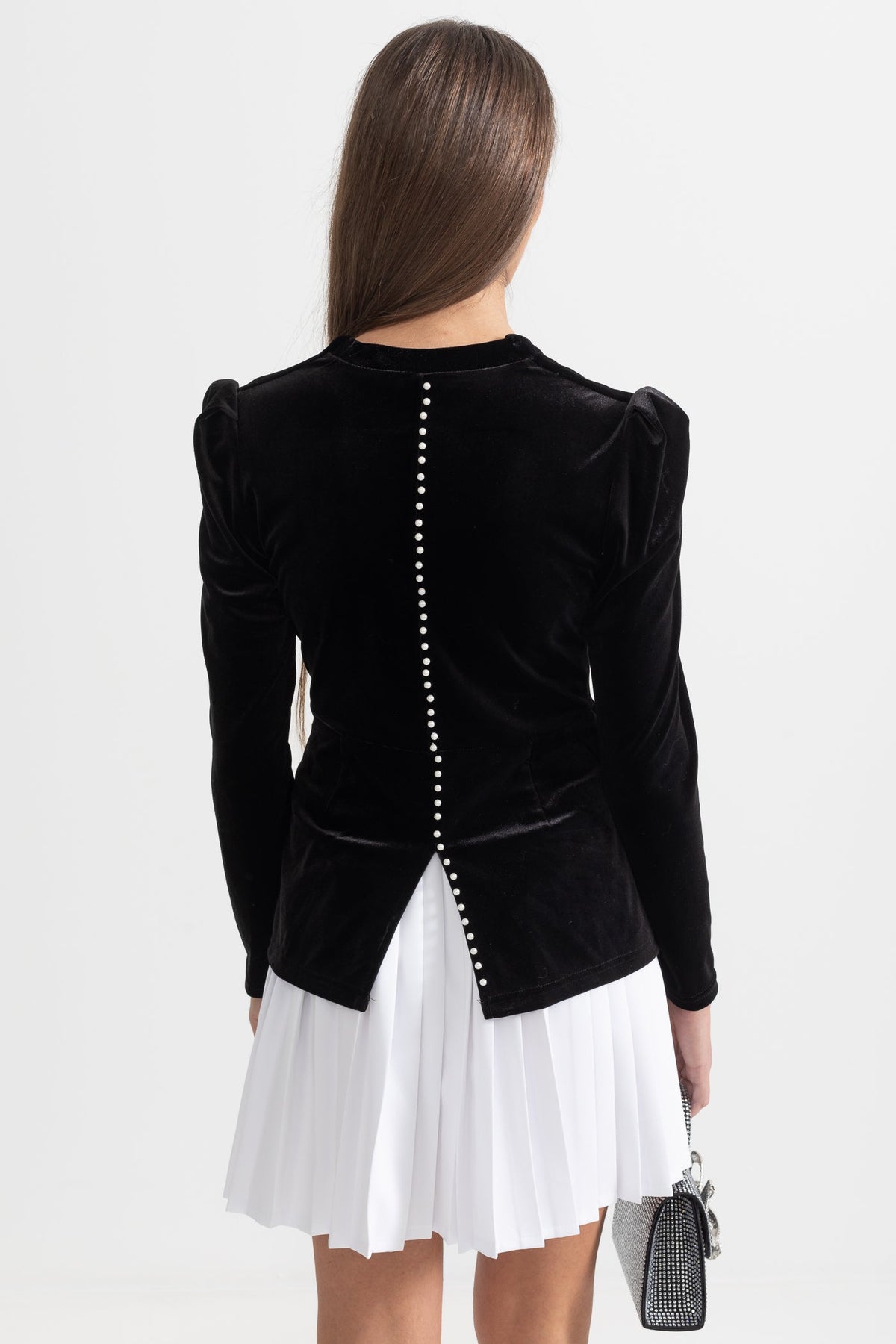 Two-Piece Velvet Ensemble With Contrasting Pleated Skirt - Black