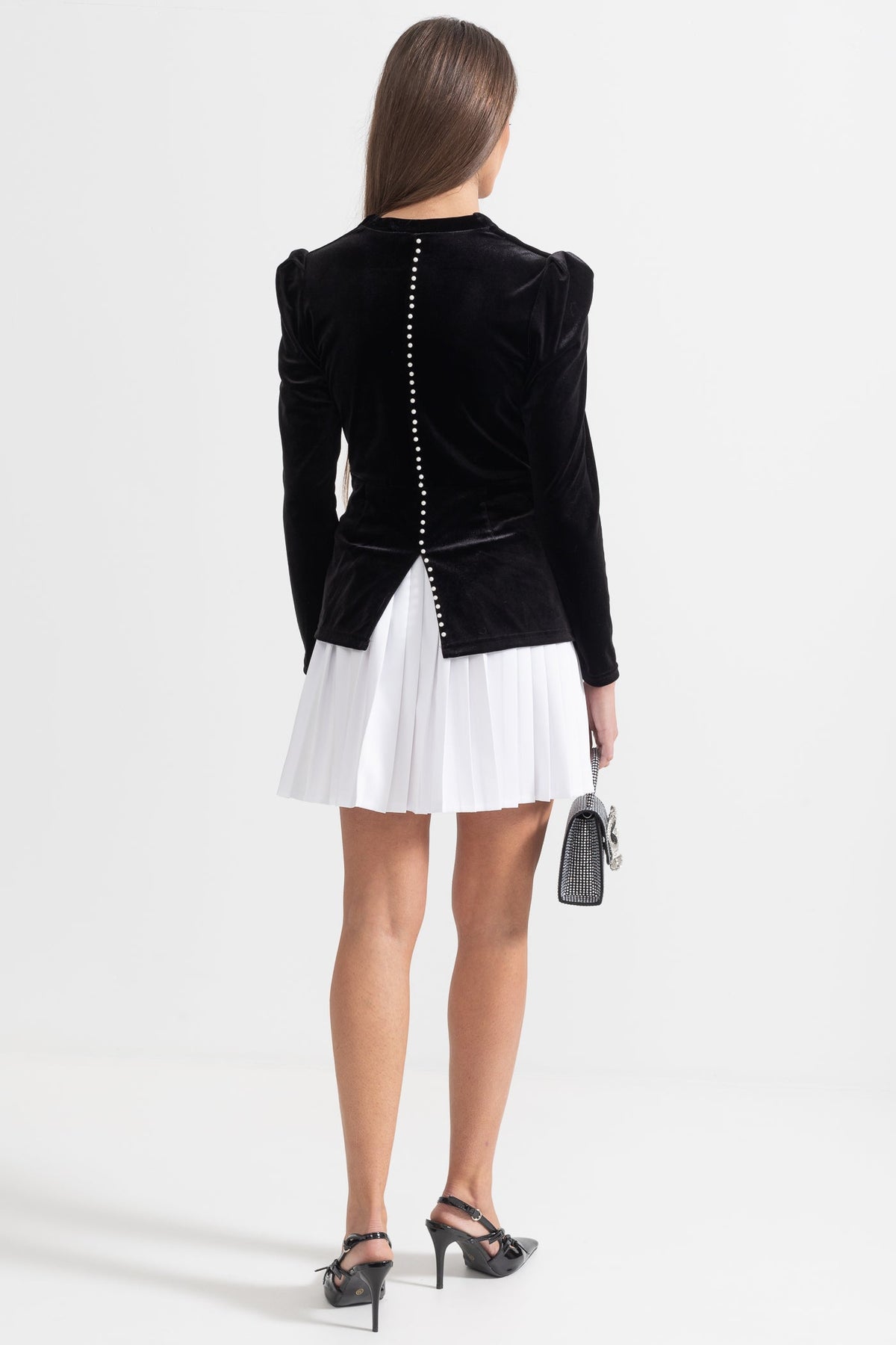 Two-Piece Velvet Ensemble With Contrasting Pleated Skirt - Black