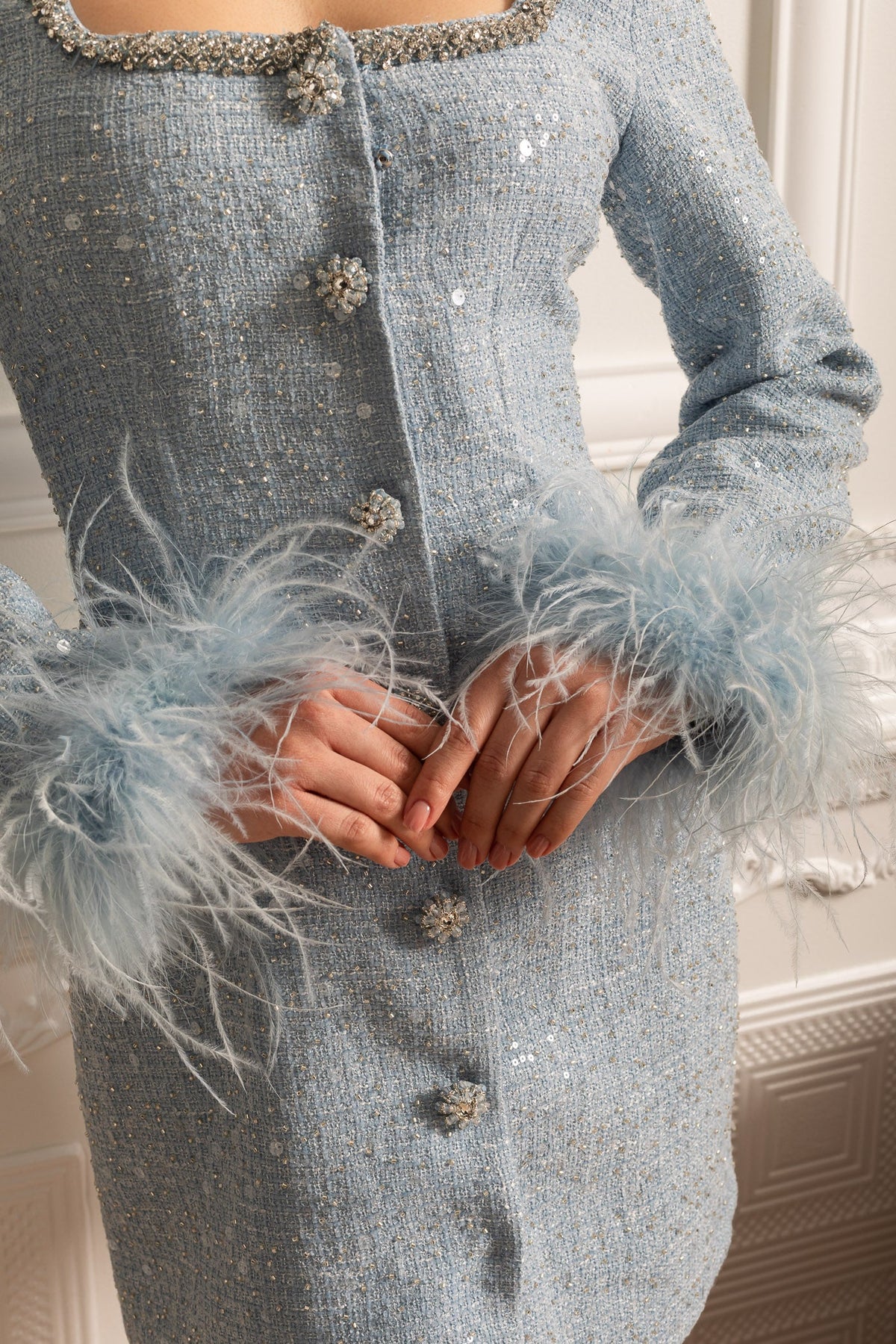 Textured Mini Dress With Feathered Cuffs And Square Neckline - Blue