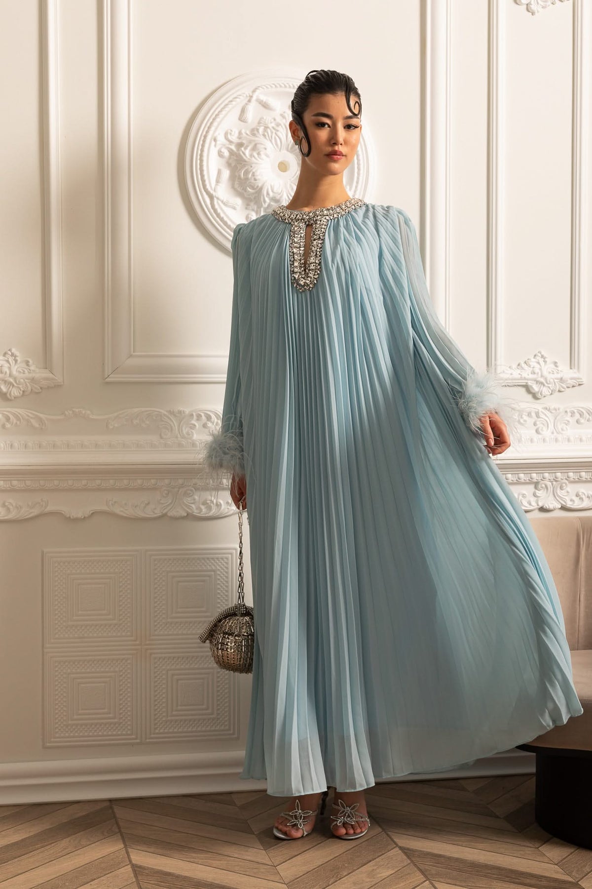 Pleated Long Dress With Feathered Cuffs And Sparkling Neckline - Blue
