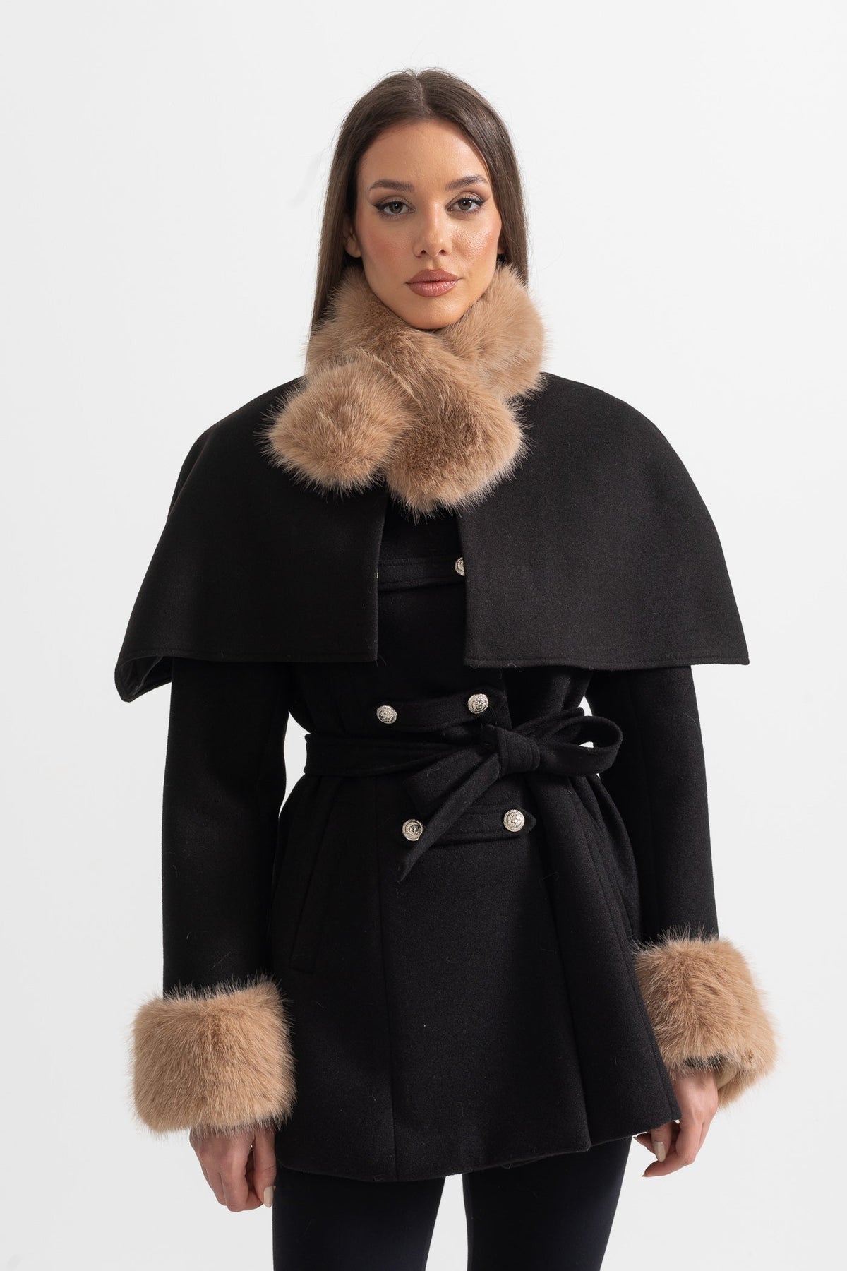 Double-Breasted Coat With Detachable Cape - Black