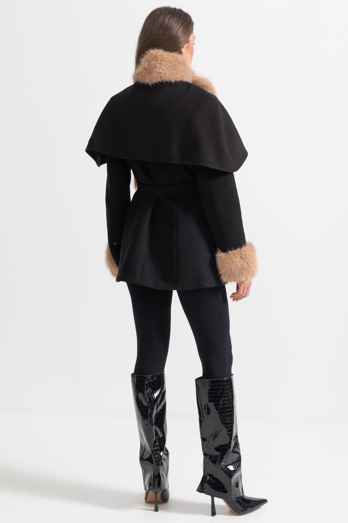Double-Breasted Coat With Detachable Cape - Black